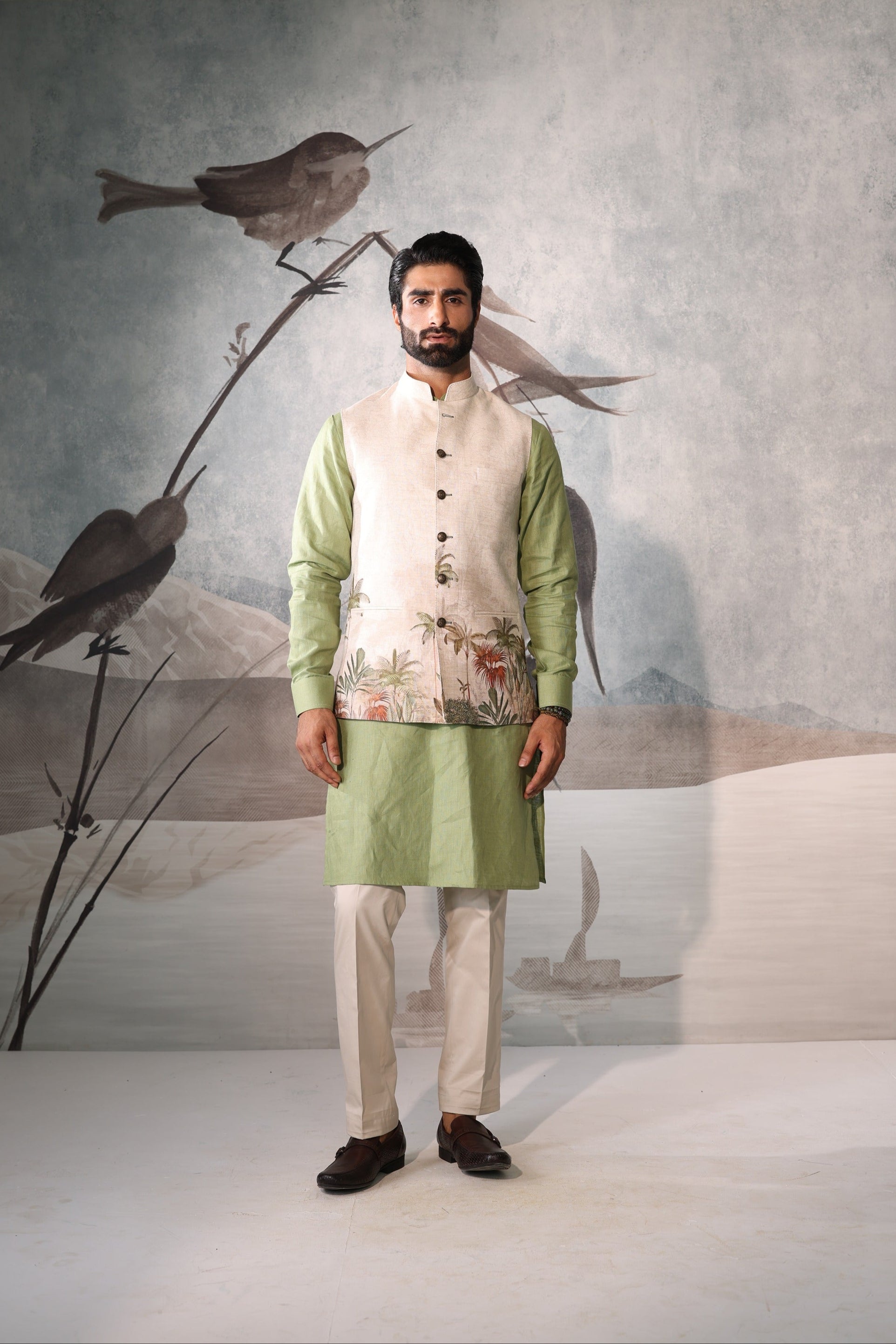 “Pastel Green Kurta with Ivory Printed Nehru Jacket”