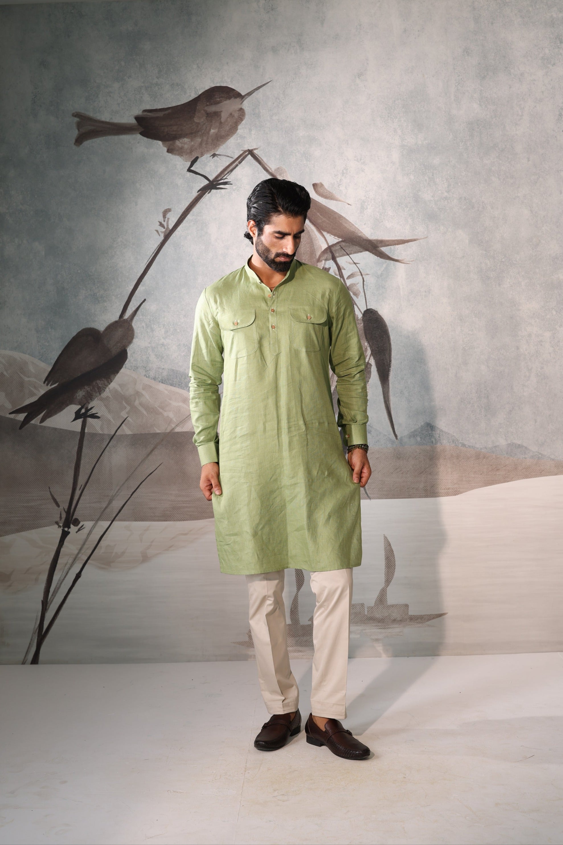 “Pastel Green Kurta with Ivory Printed Nehru Jacket”