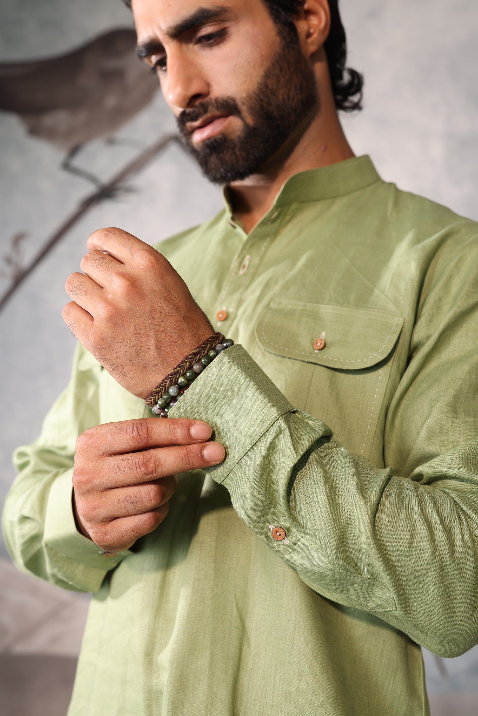 “Pastel Green Kurta with Ivory Printed Nehru Jacket”