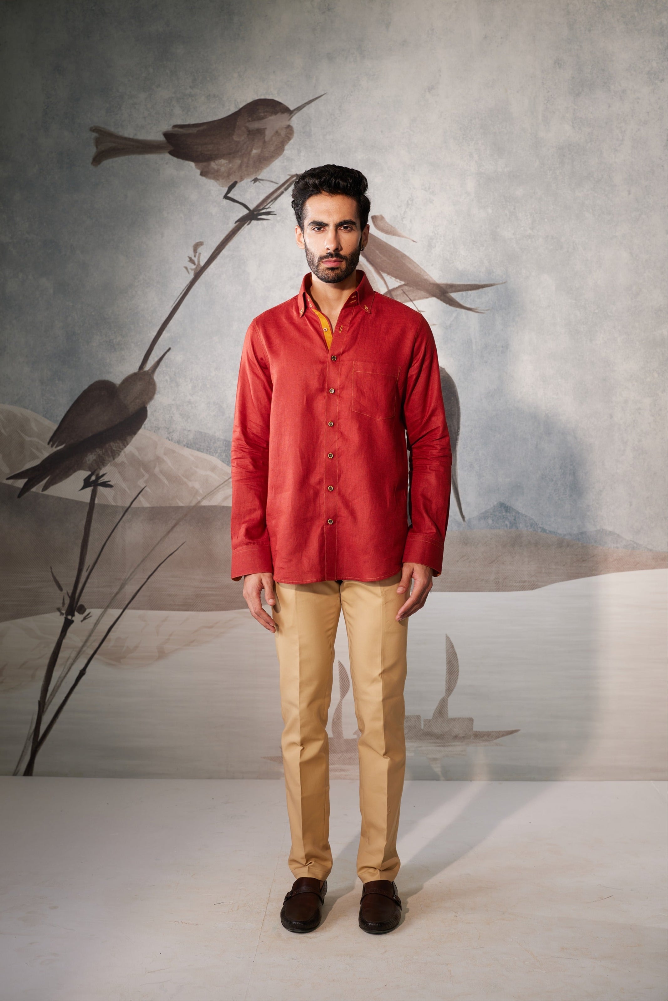 Rust linen shirt with lion embroidery