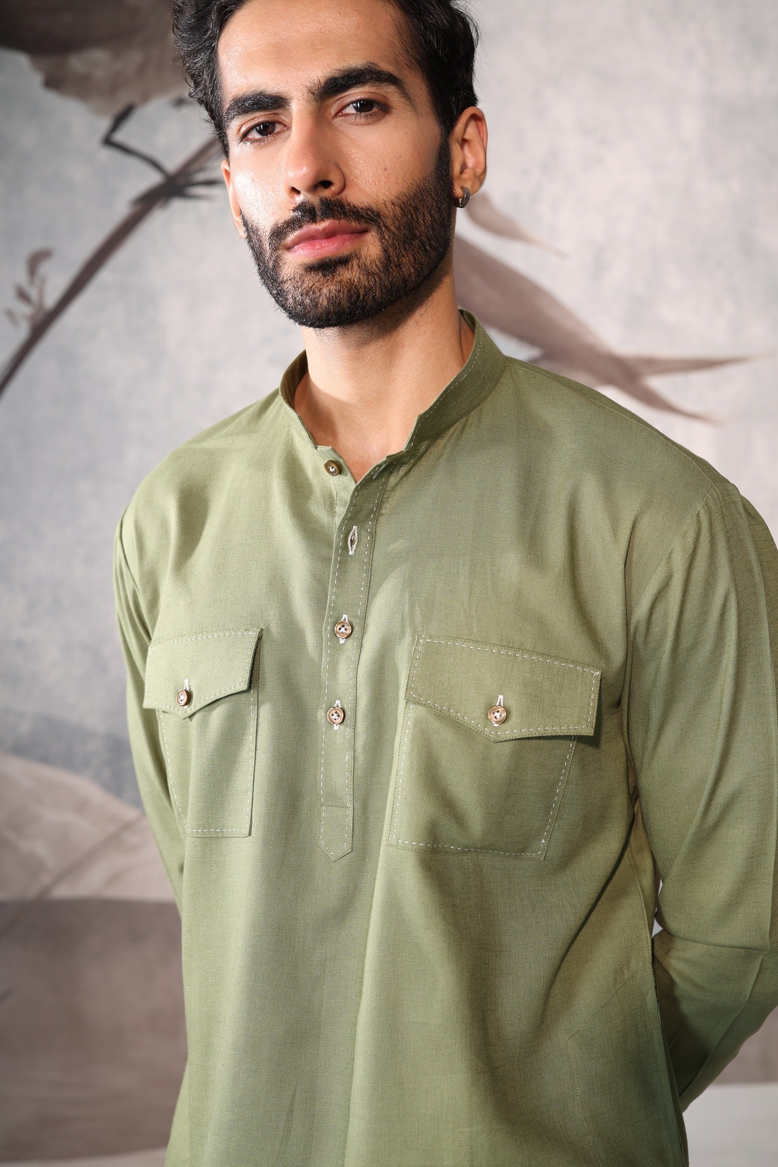 Men’s Olive Green Safari Kurta Set with Mandarin Collar