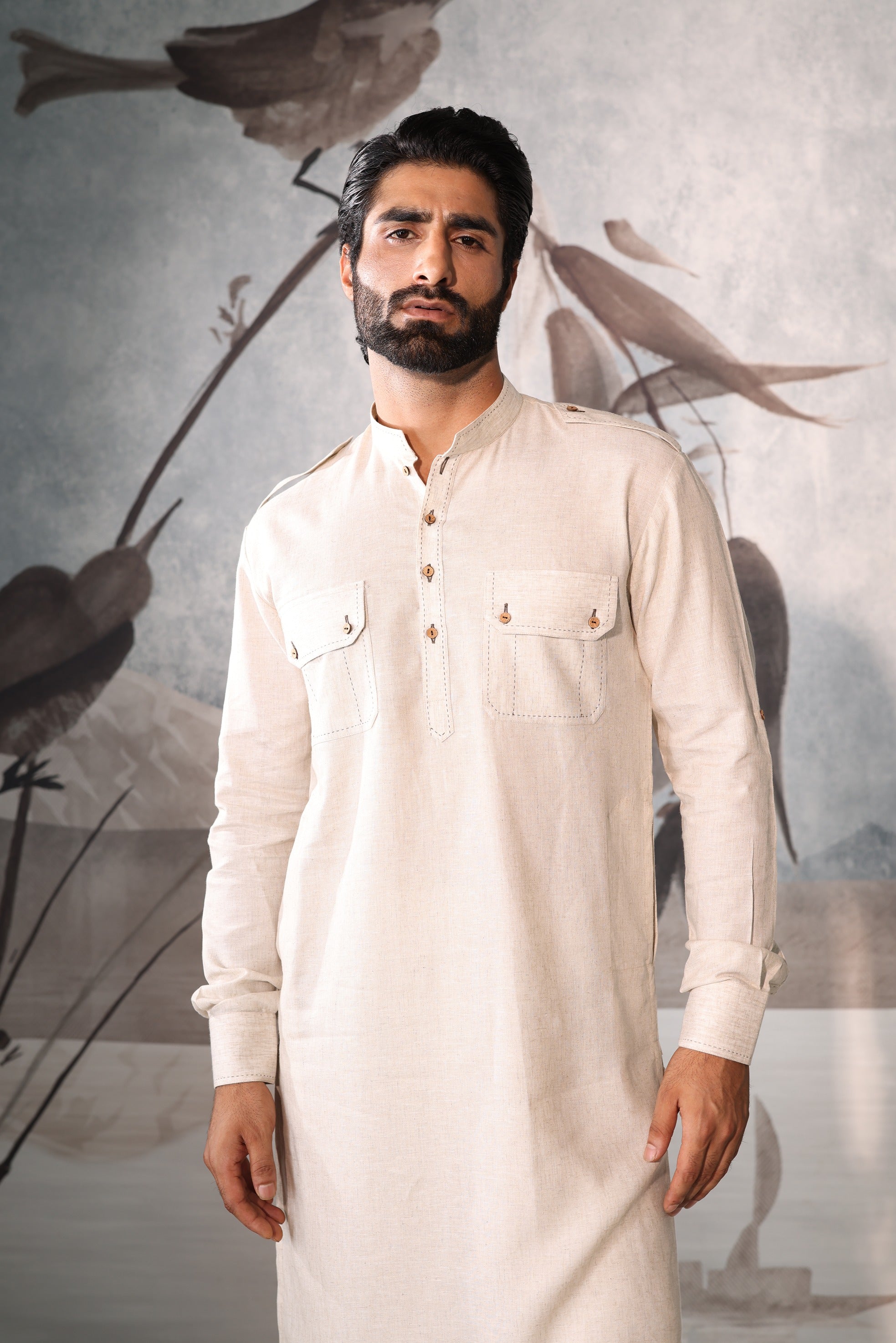 Men’s Off-White Textured Kurta Set with Safari Pockets & Mandarin Collar