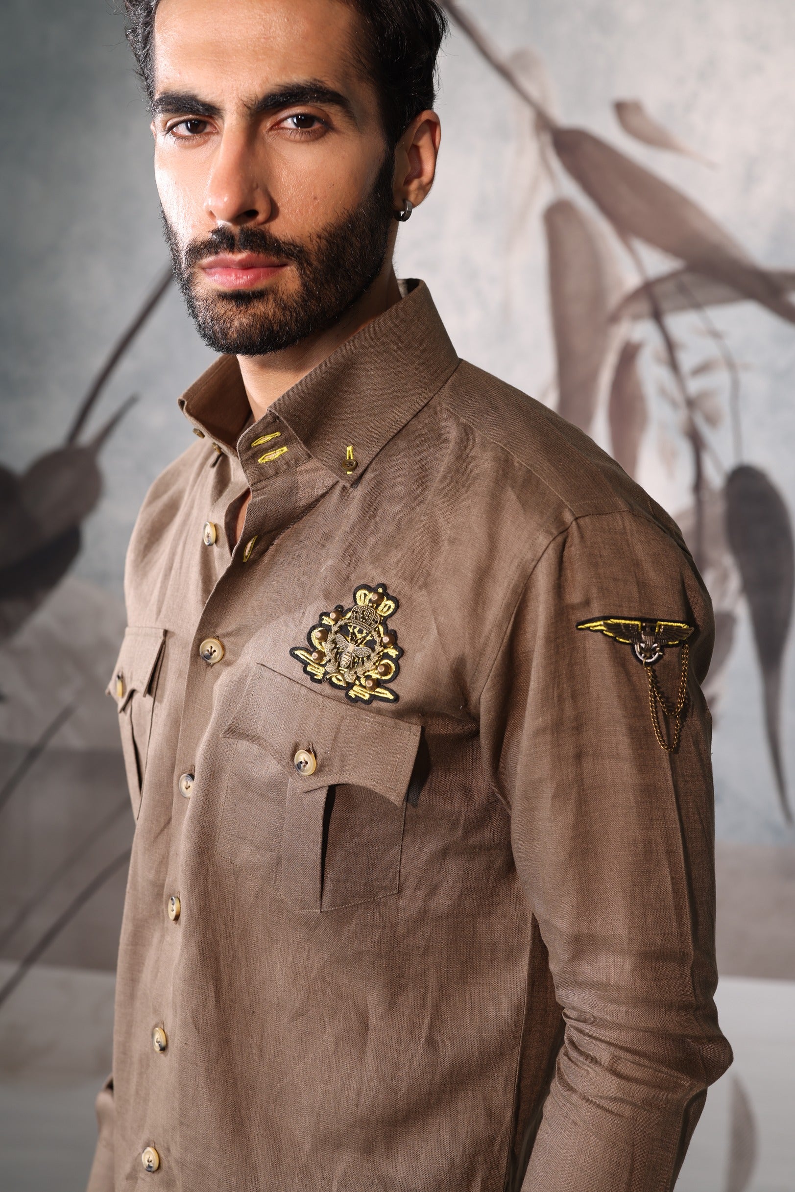 Desert khakhi linen safari shirt with embroidered badges