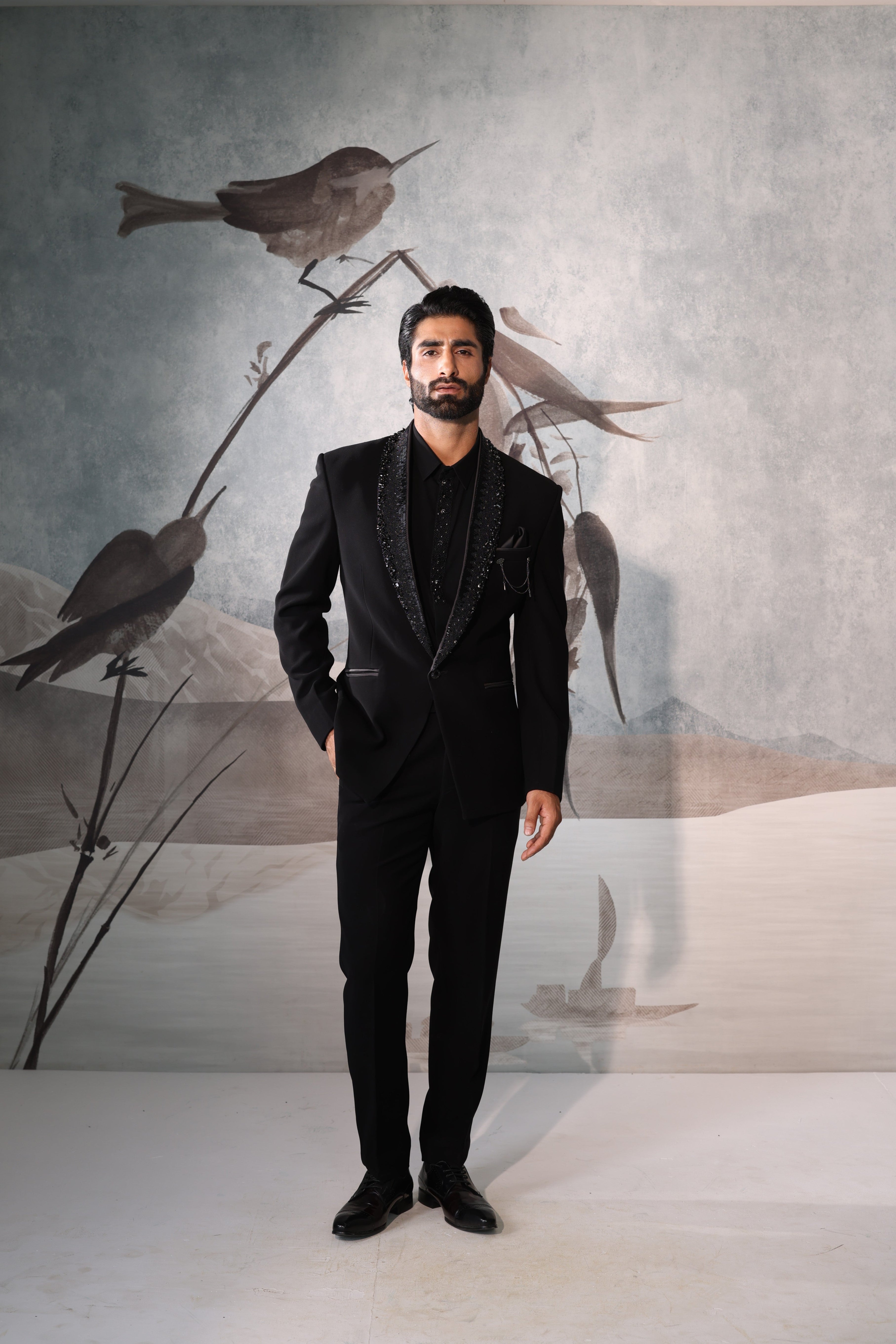 Black tuxedo with collar embroidery and embroidery work