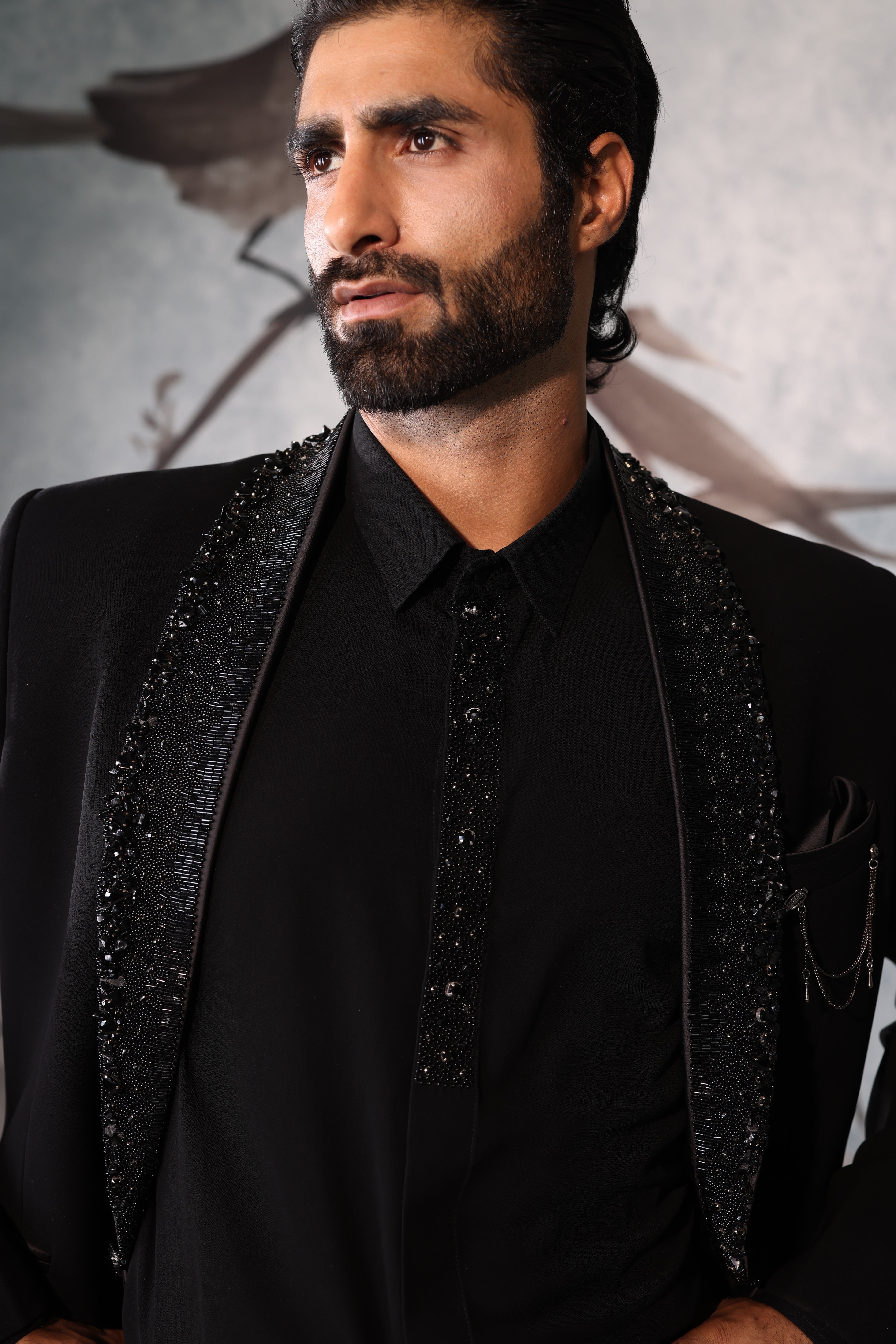 Black tuxedo with collar embroidery and embroidery work