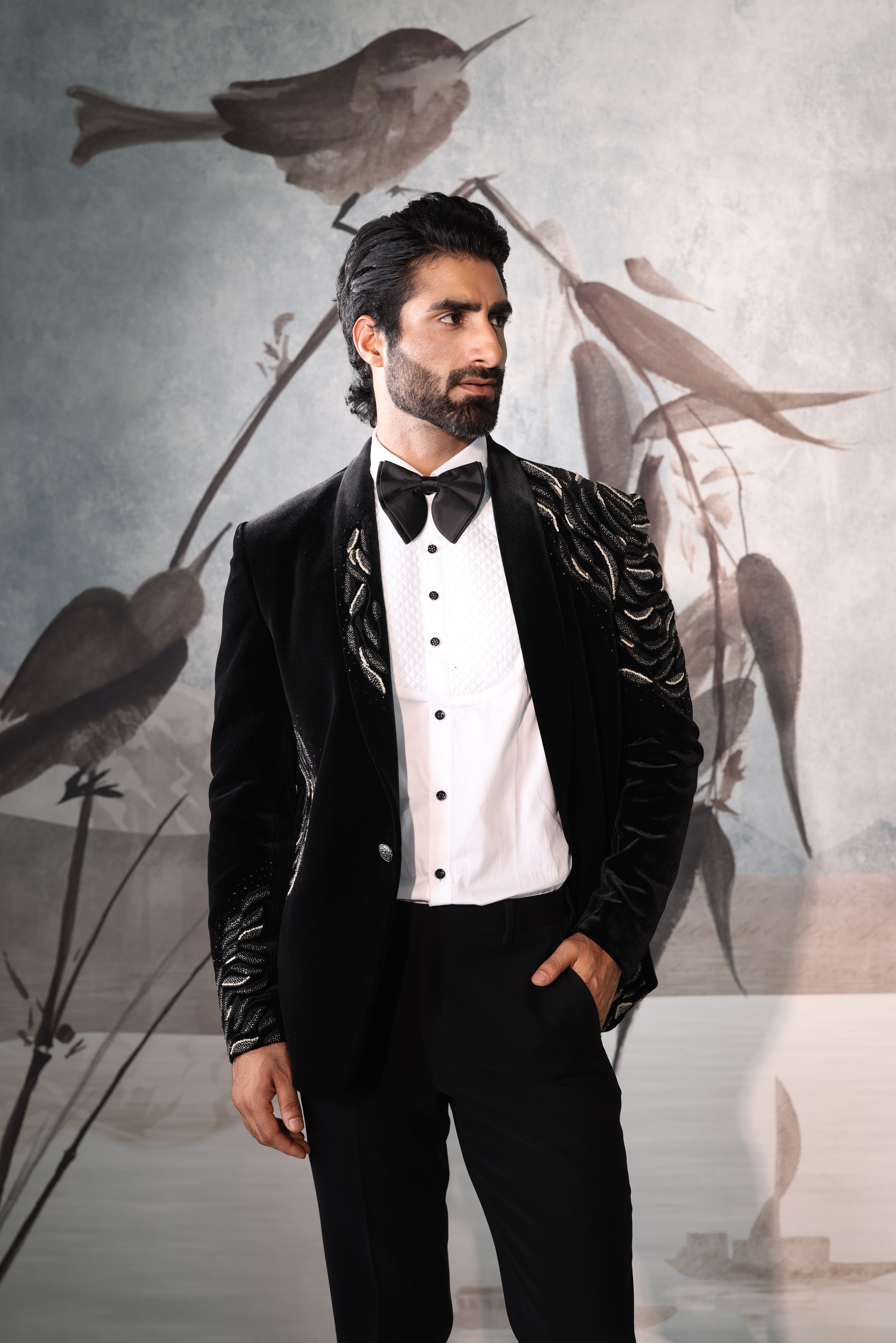 Velvet Shawl collar tuxedo with hand embroidery
