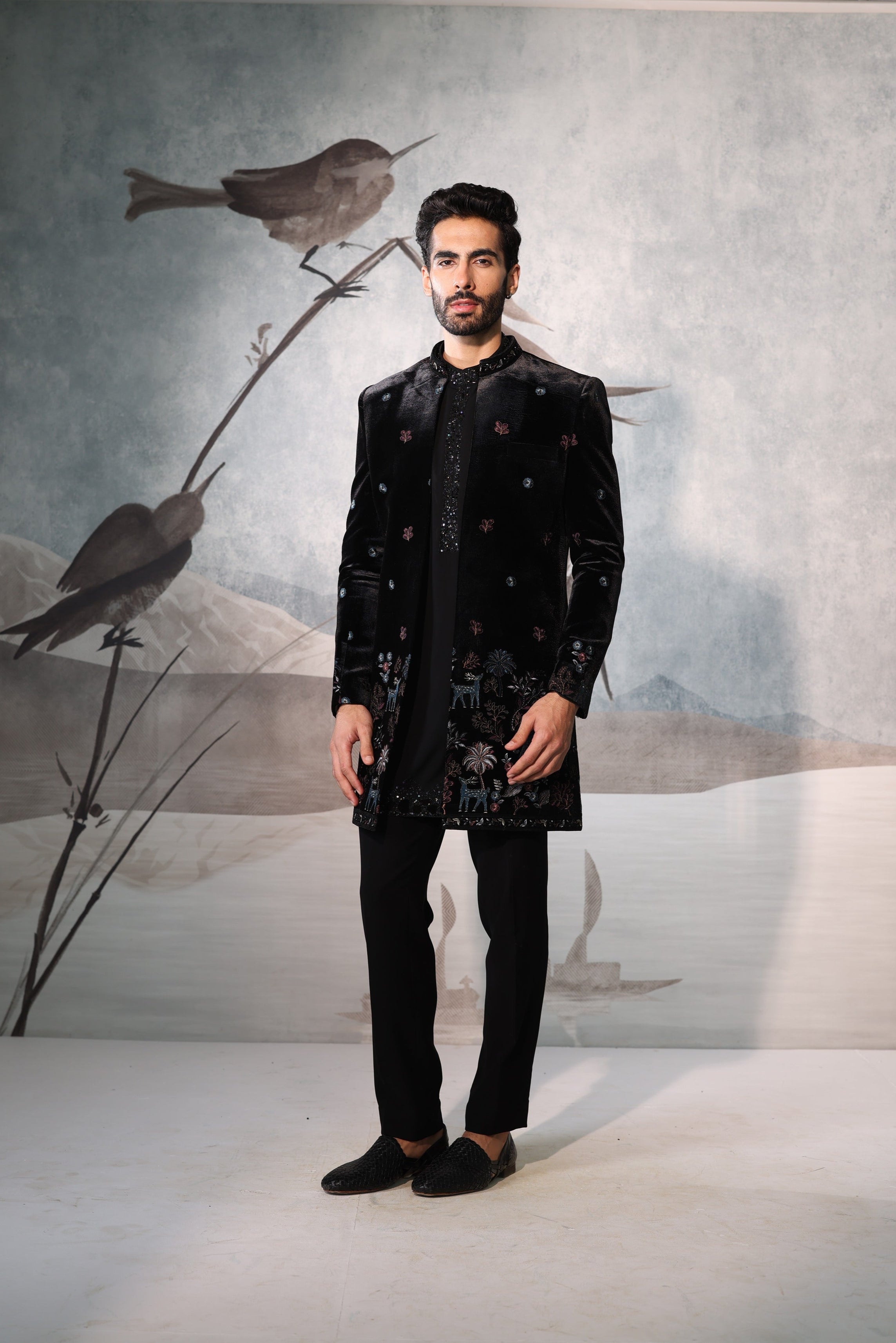 Black velvet colourful thread work indowestern with kurta placket embroidery work