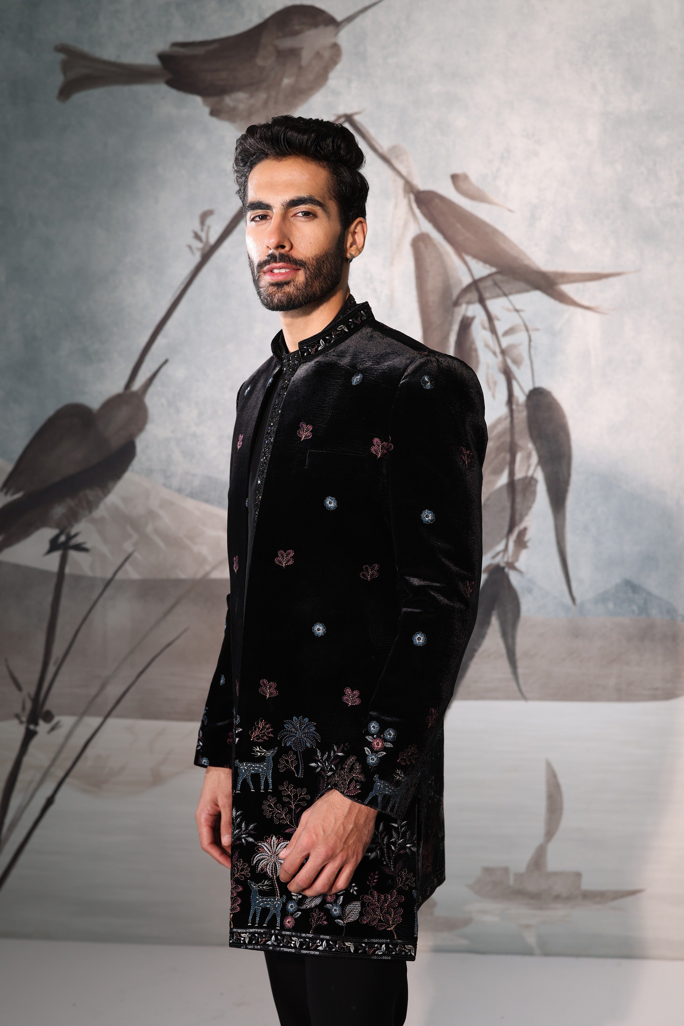 Black velvet colourful thread work indowestern with kurta placket embroidery work