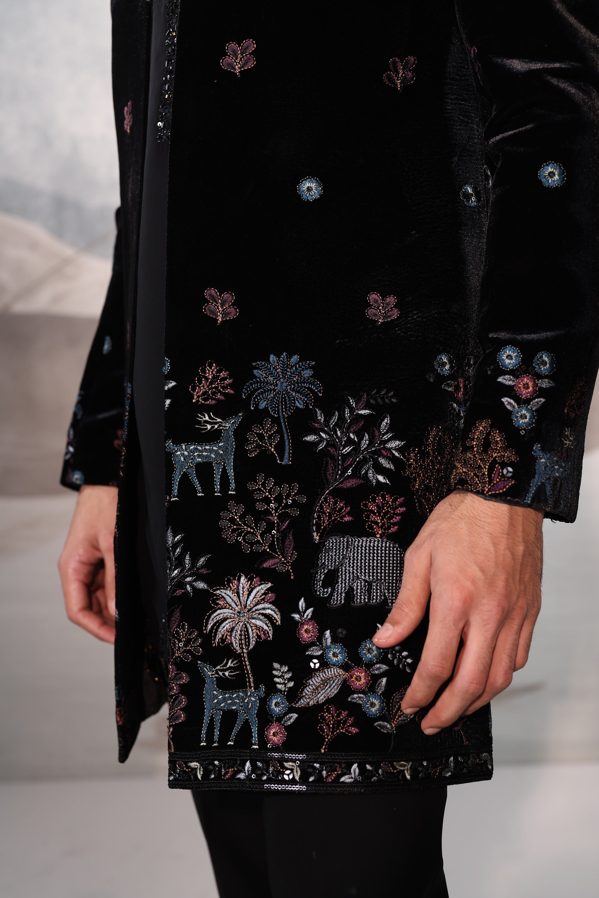 Black velvet colourful thread work indowestern with kurta placket embroidery work