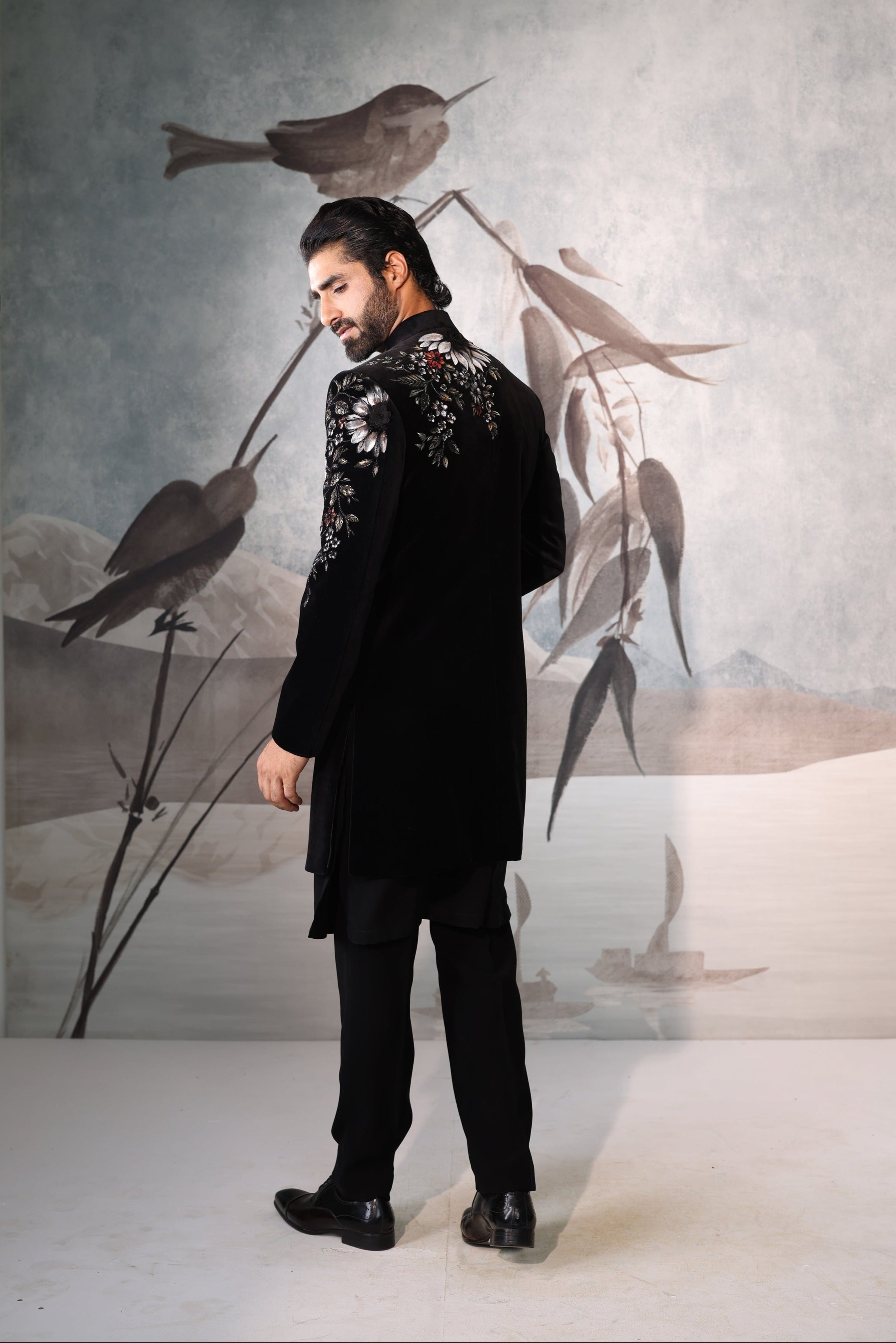 Floral hand paint black velvet indowestern with kurta
