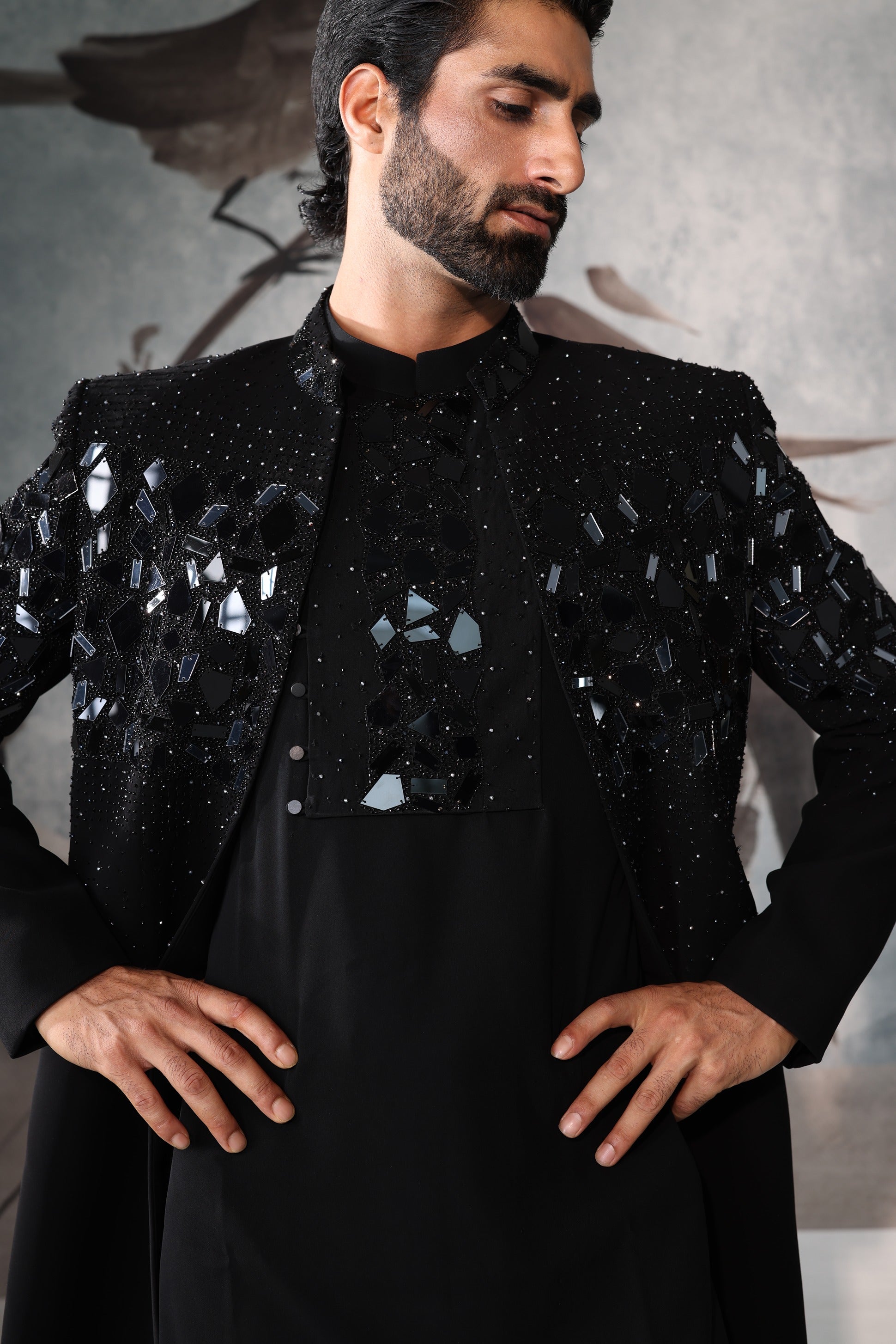 Black OPEN JACKET Indo-Western