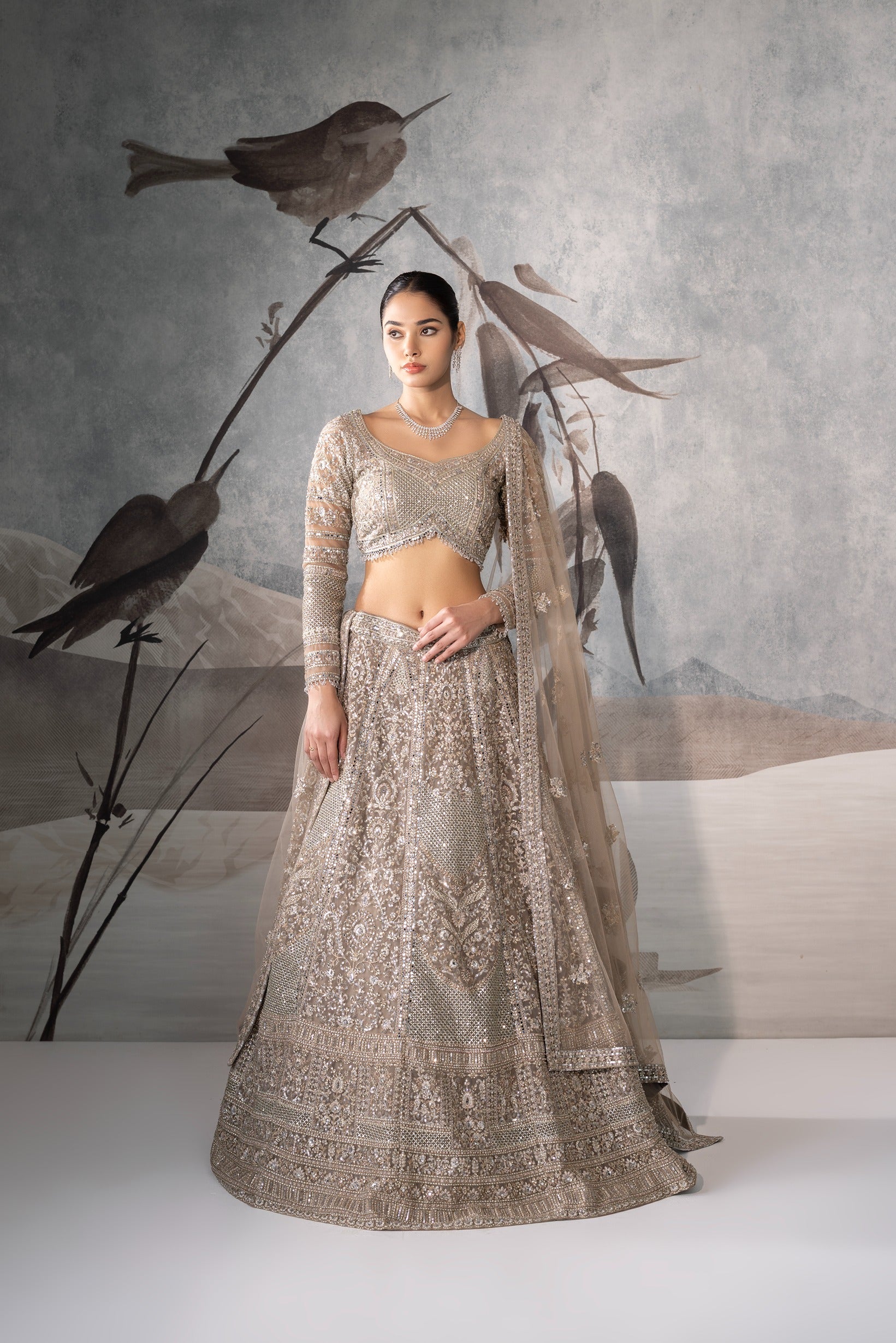Woman in a silver traditional outfit with birds and feathers in the background