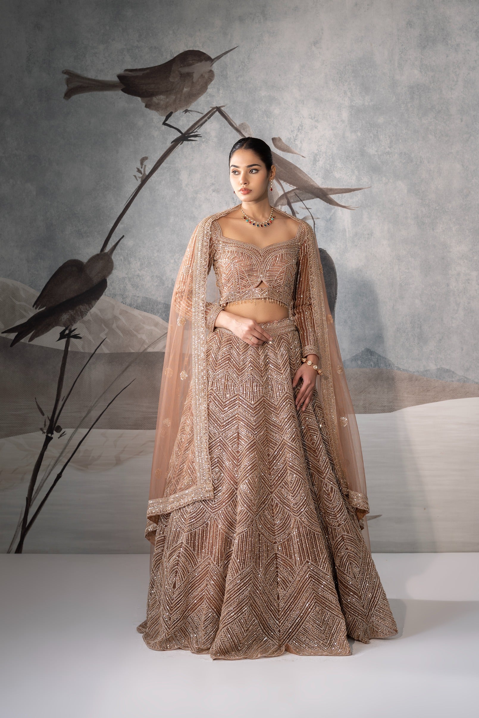 Woman in a traditional outfit with birds on a branch against a gray background