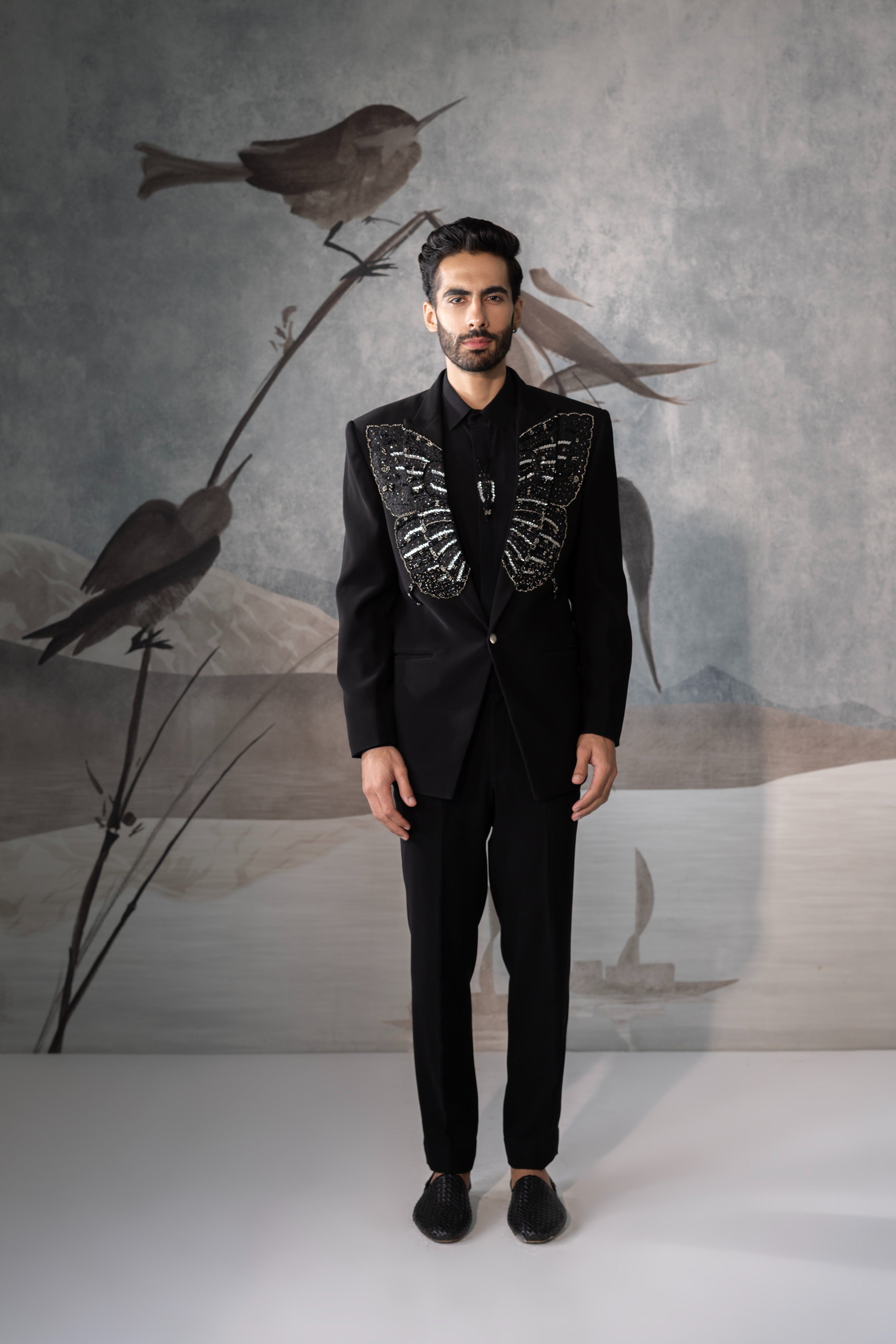 Men’s Black Designer Tuxedo Suit with Embroidered Lapel