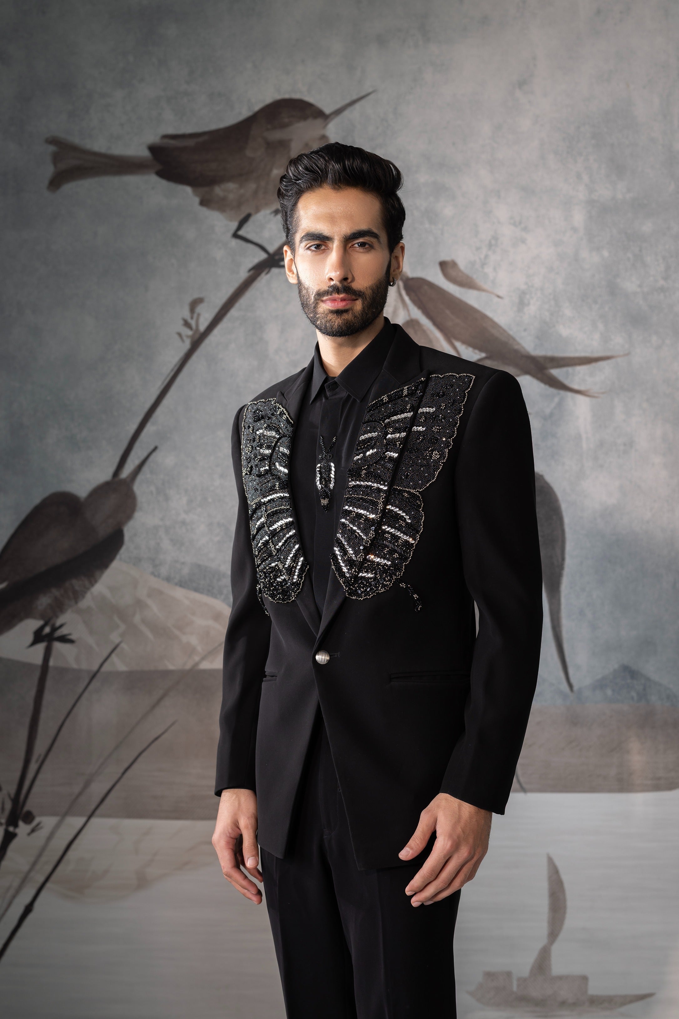 Men’s Black Designer Tuxedo Suit with Embroidered Lapel