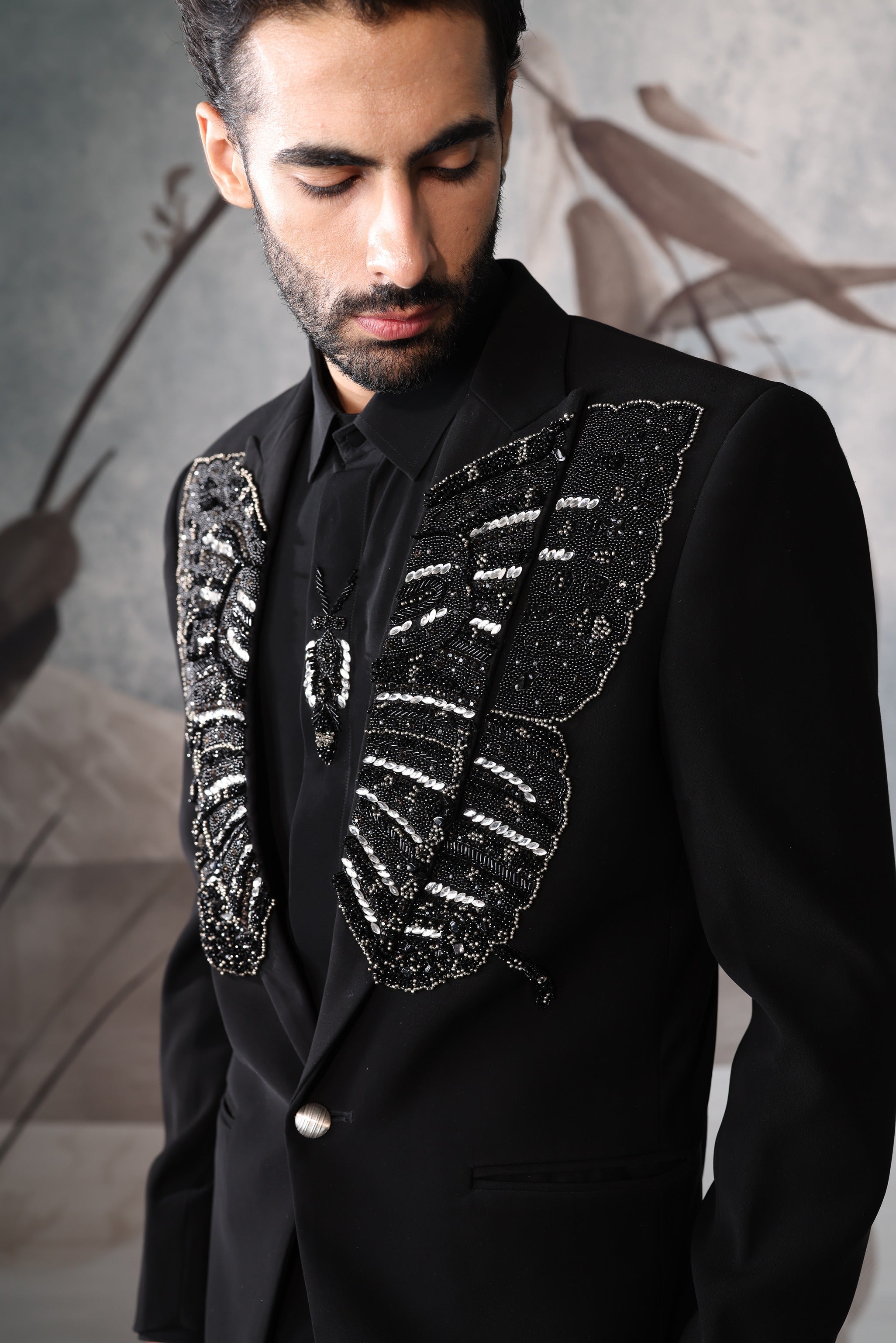 Men’s Black Designer Tuxedo Suit with Embroidered Lapel