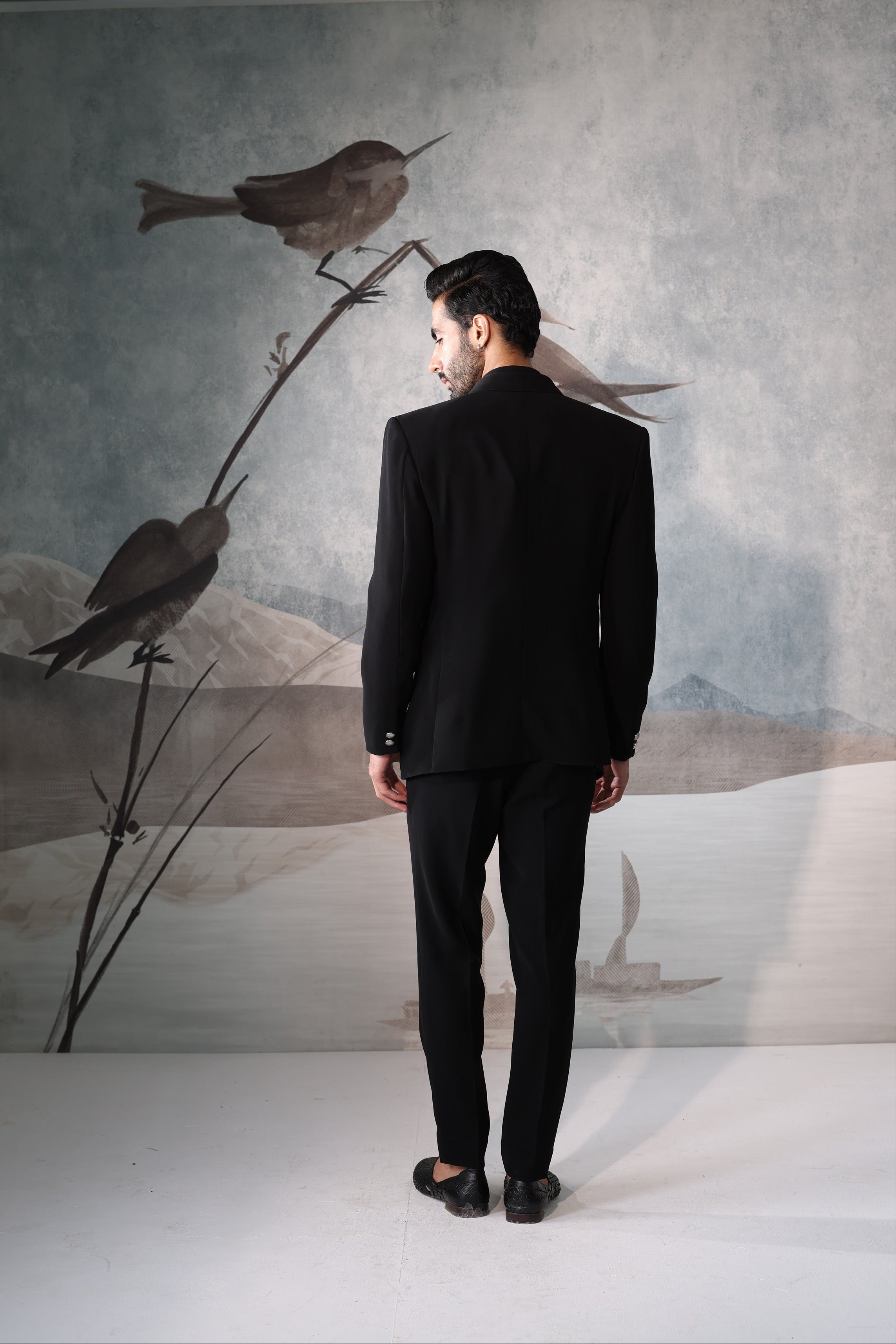 Men’s Black Designer Tuxedo Suit with Embroidered Lapel