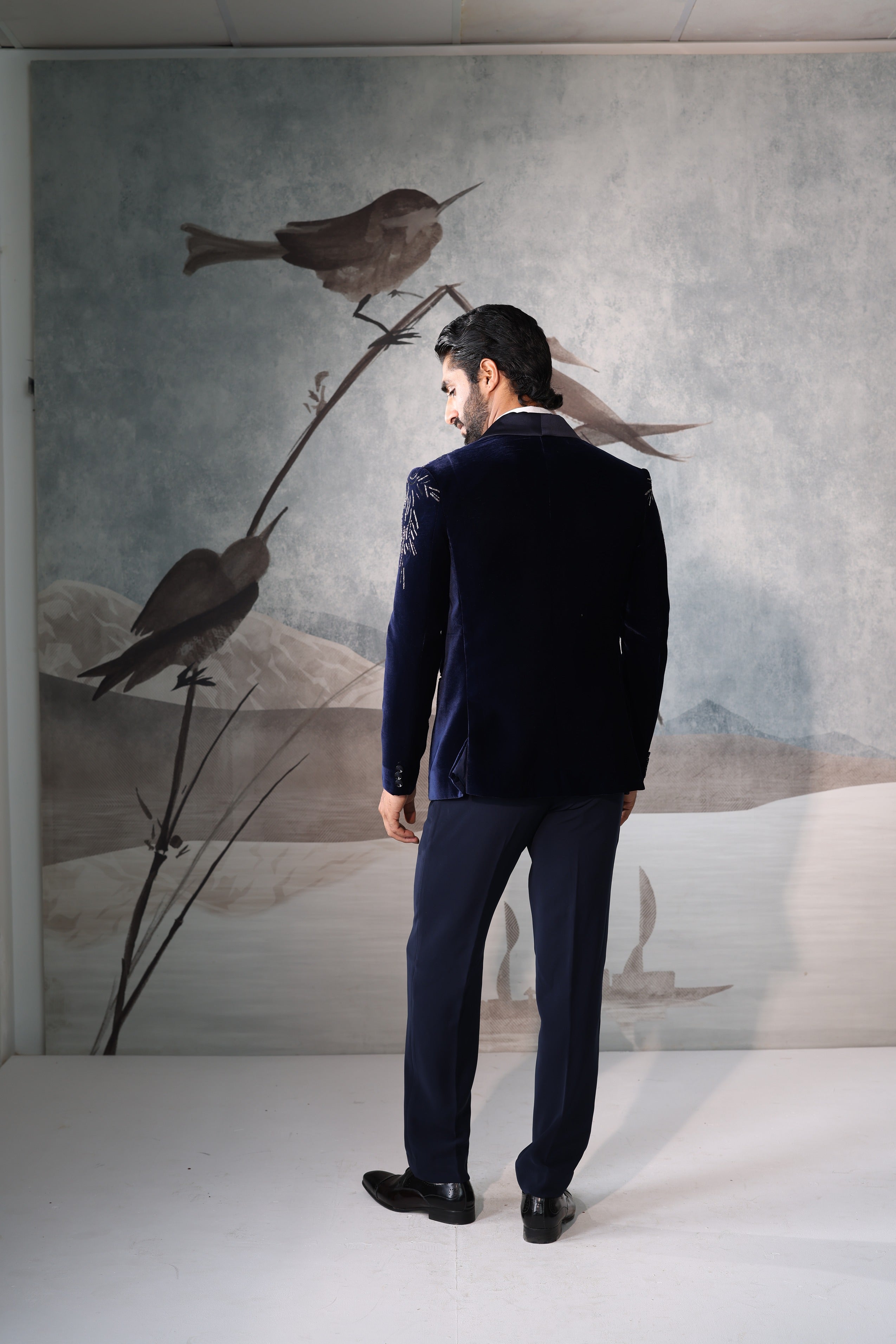 Blue velvet tuxedo with embroidery work