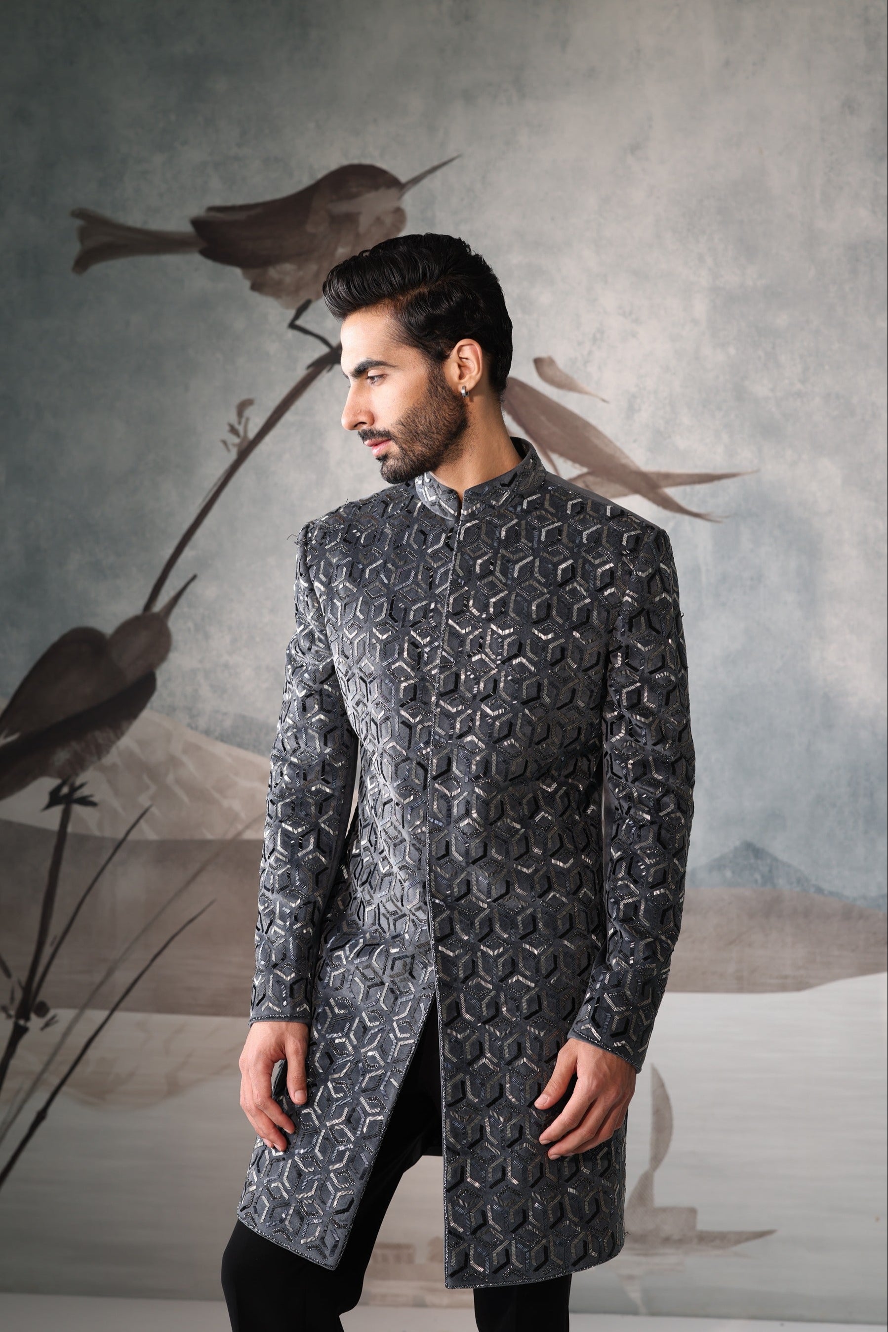 Grey indo-western with geometric pattern