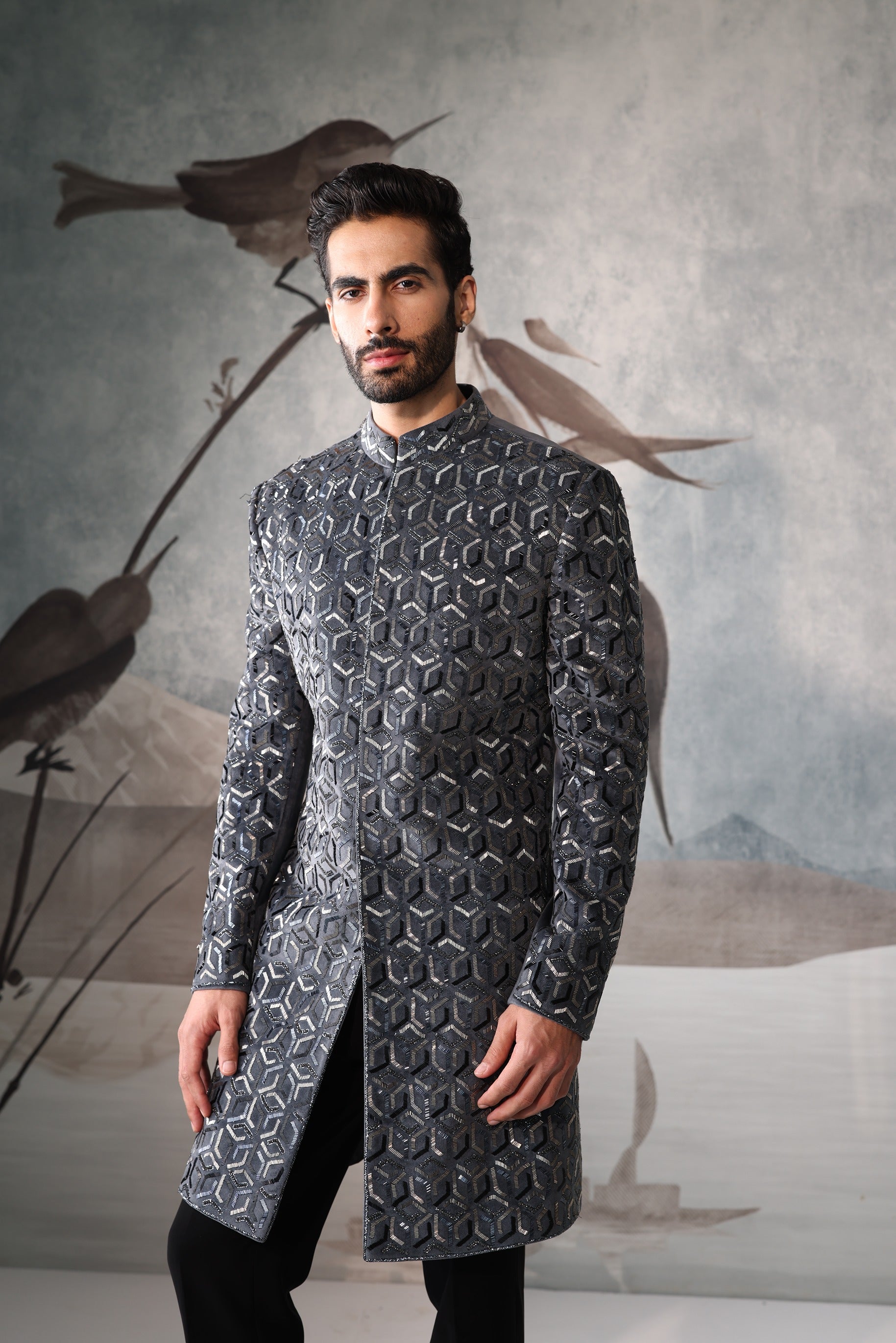 Grey indo-western with geometric pattern