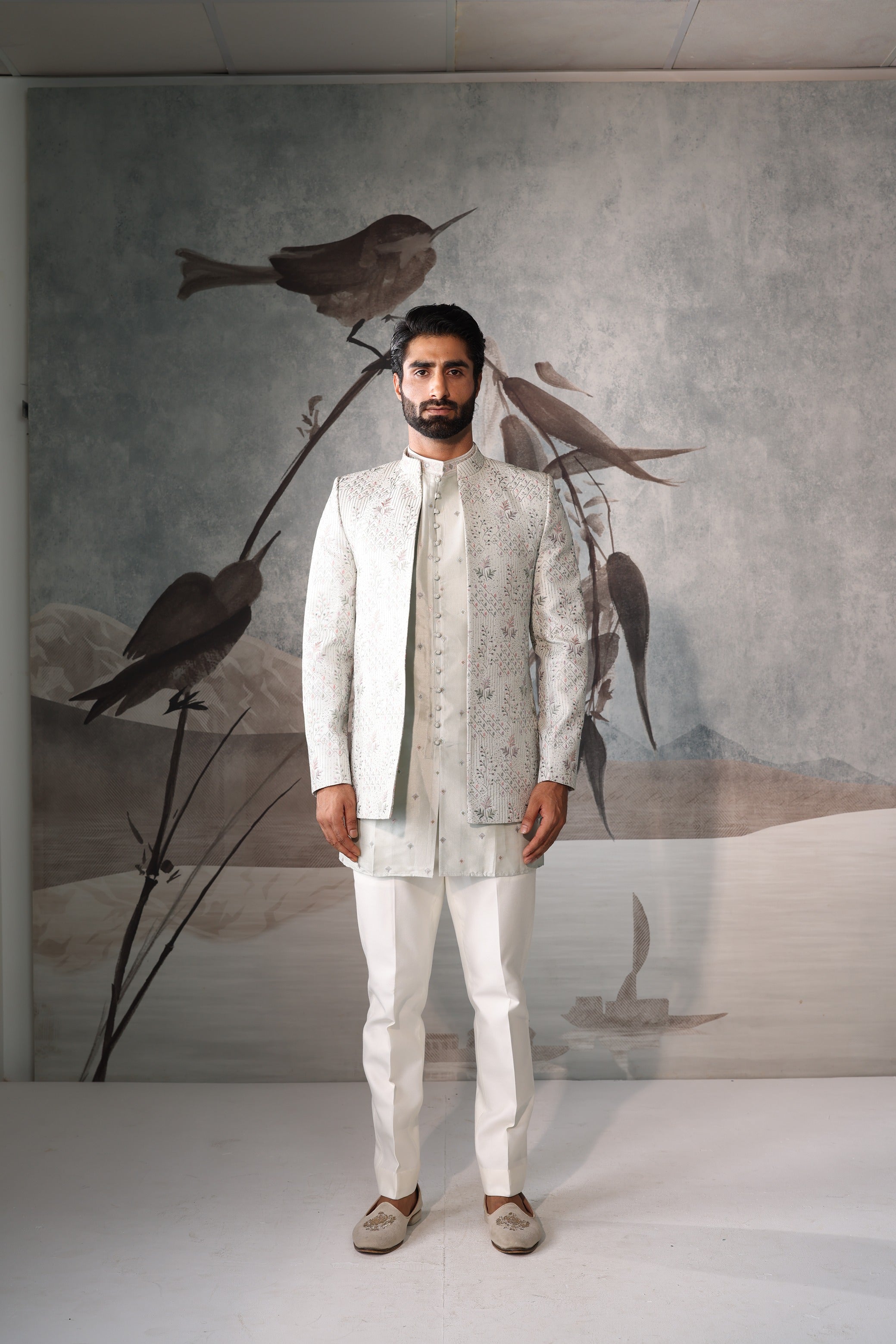 Short Open Jacket with kurta pista green