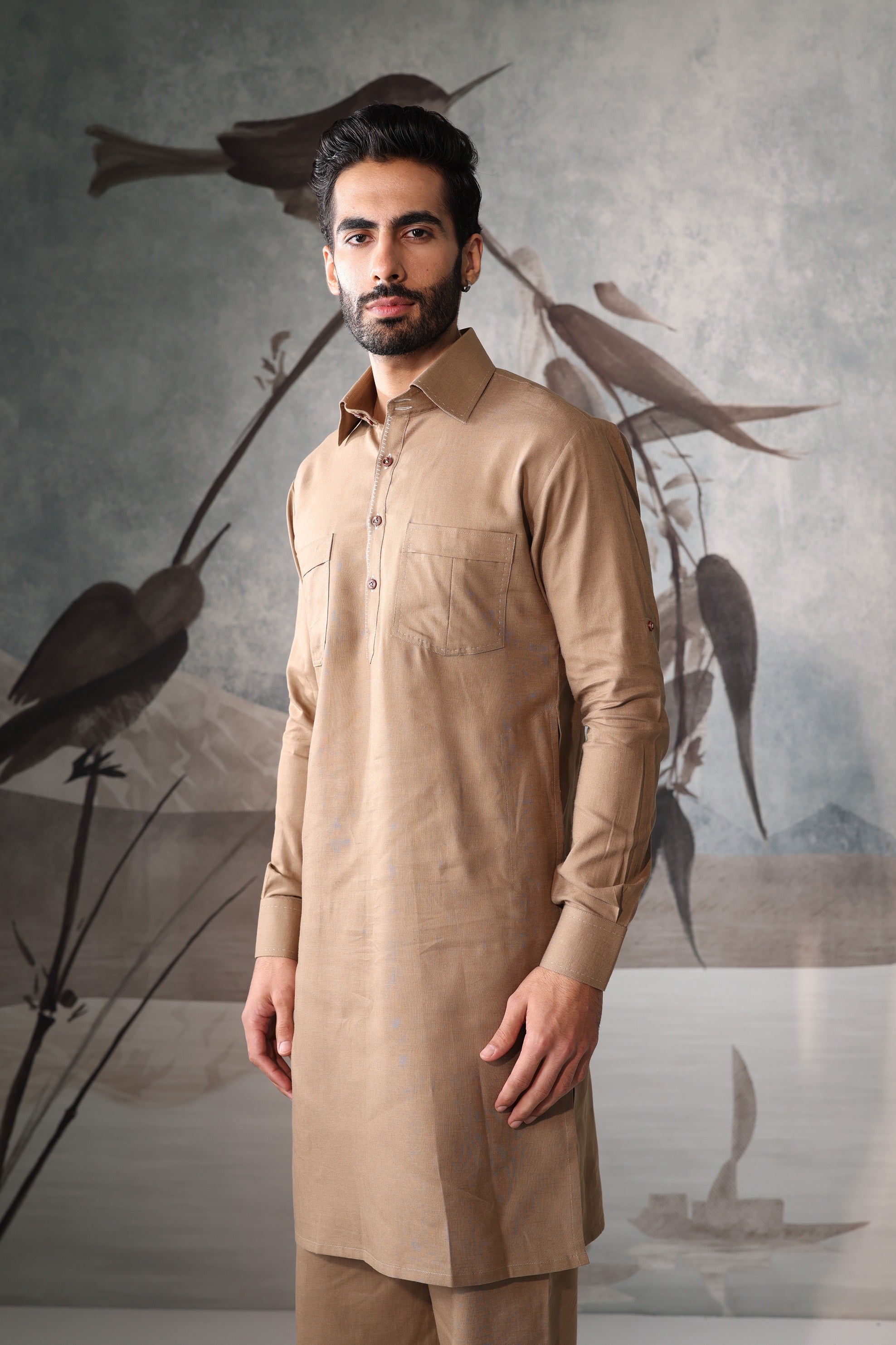 Men's Beige linen saif kurta set