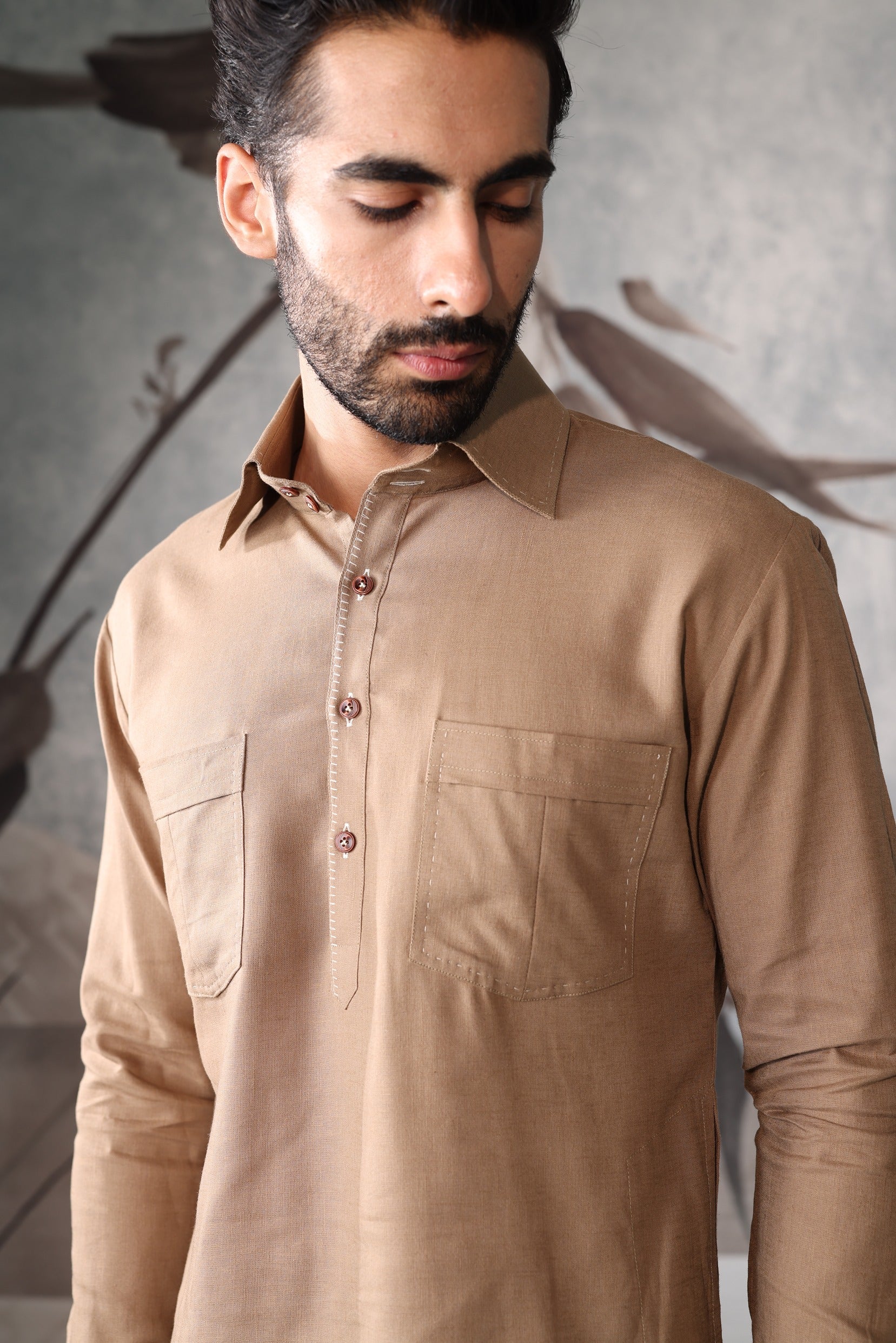 Men's Beige linen saif kurta set