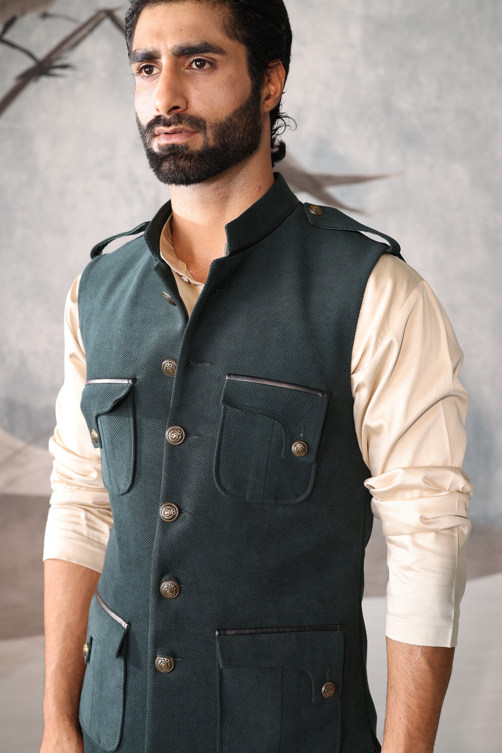 Green 4 pocket sadri set