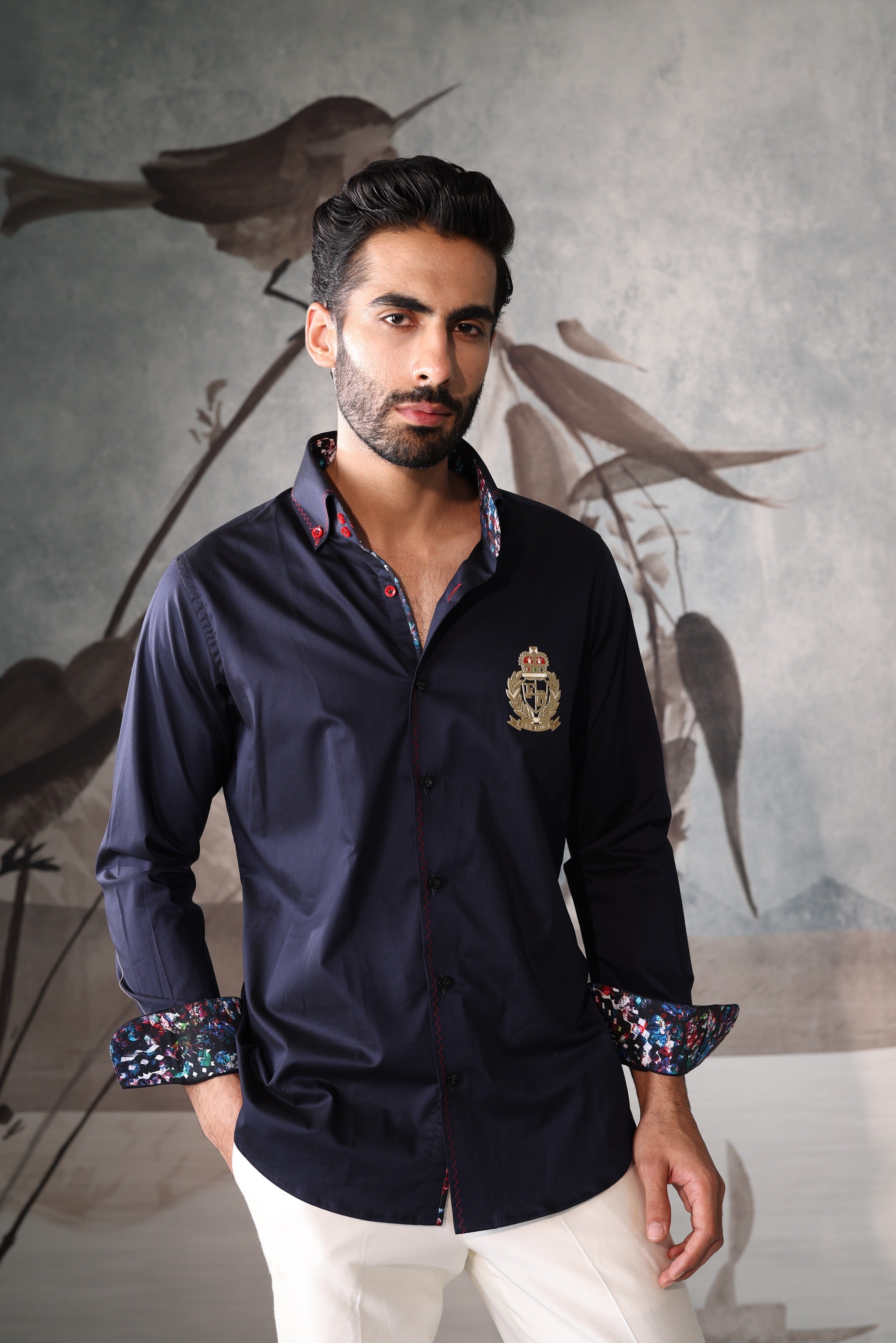 Men's Navy Crest Embroidered Shirt with Printed Contrast Cuffs