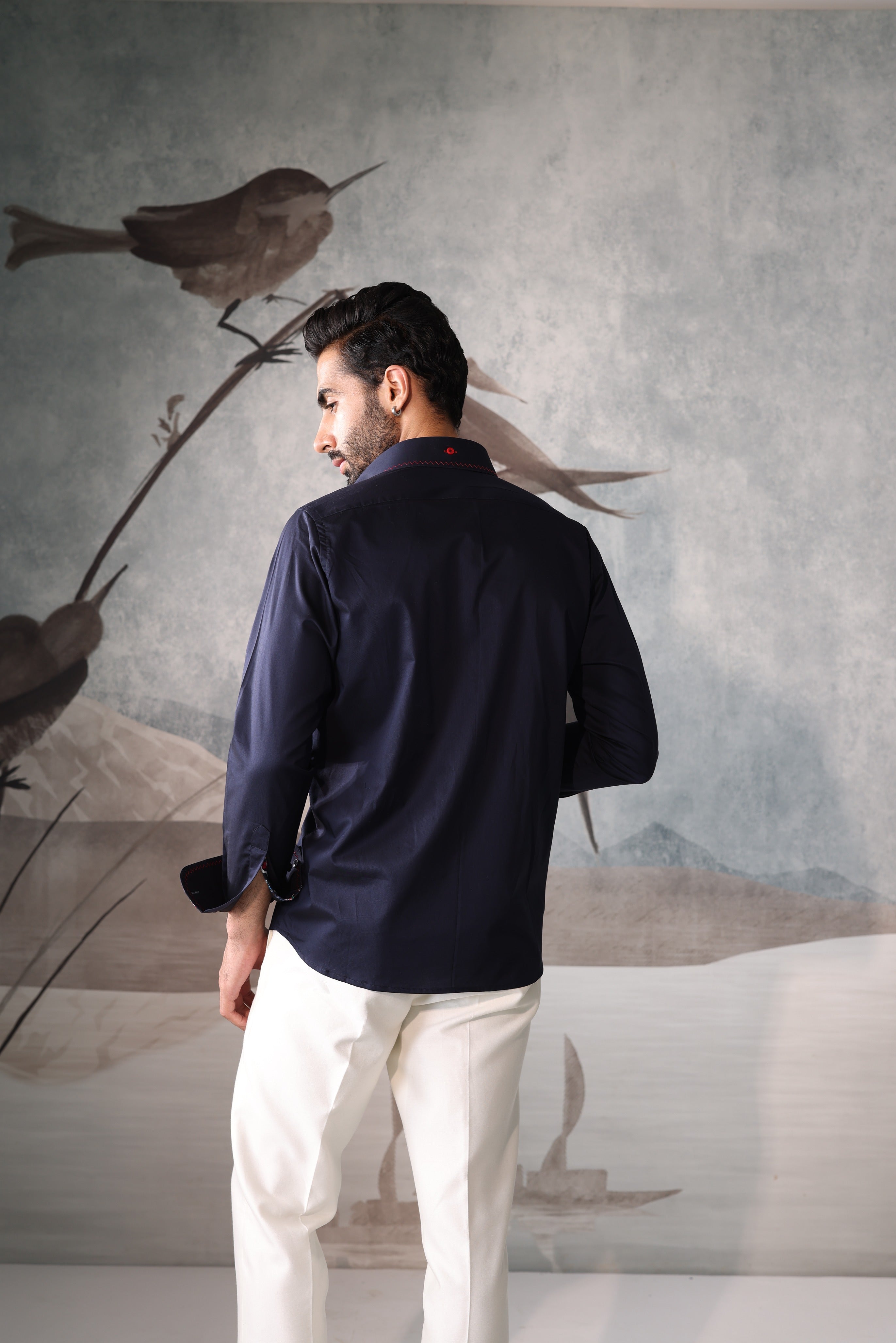 Men's Navy Crest Embroidered Shirt with Printed Contrast Cuffs