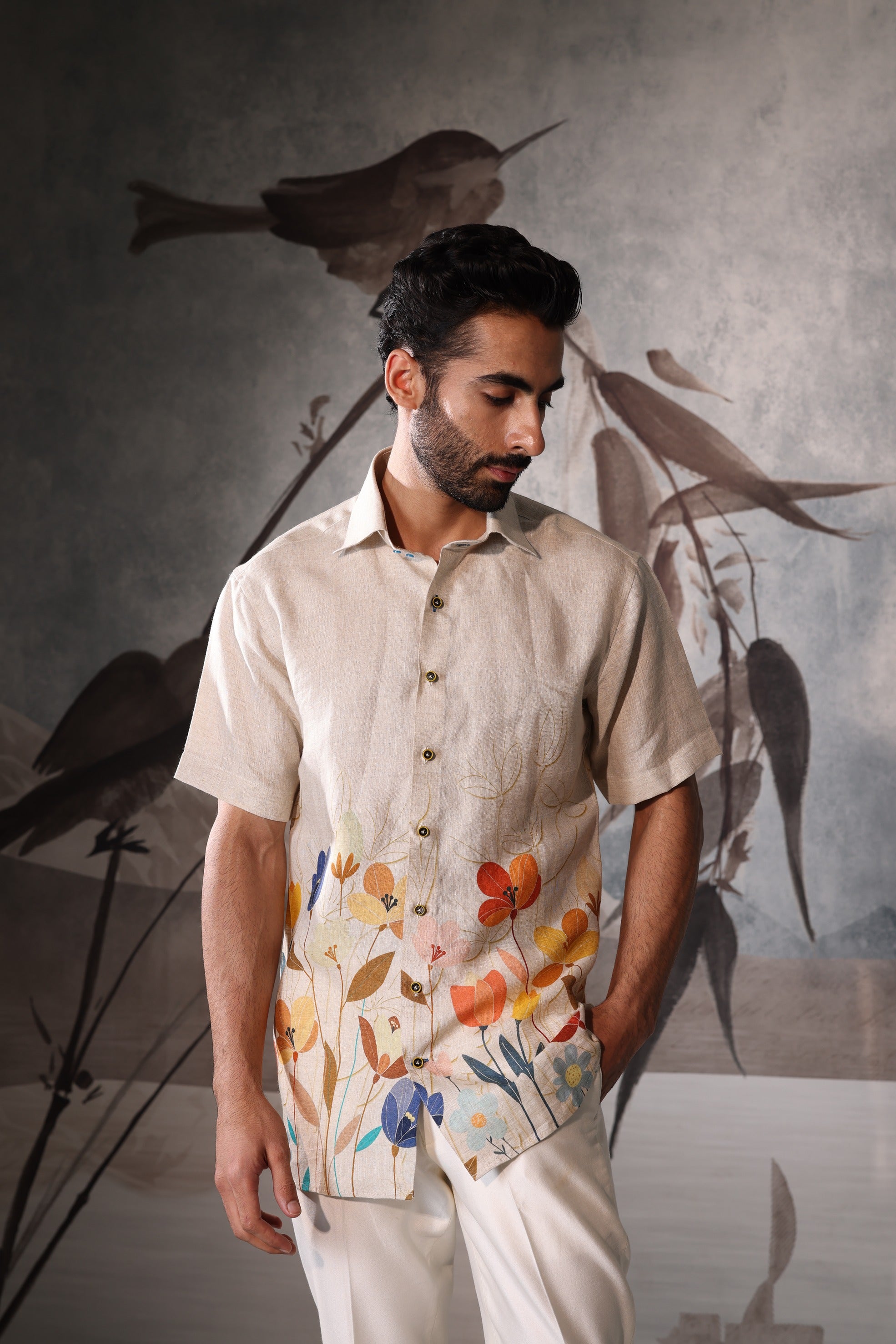 beige linen shirt - tropical garden print