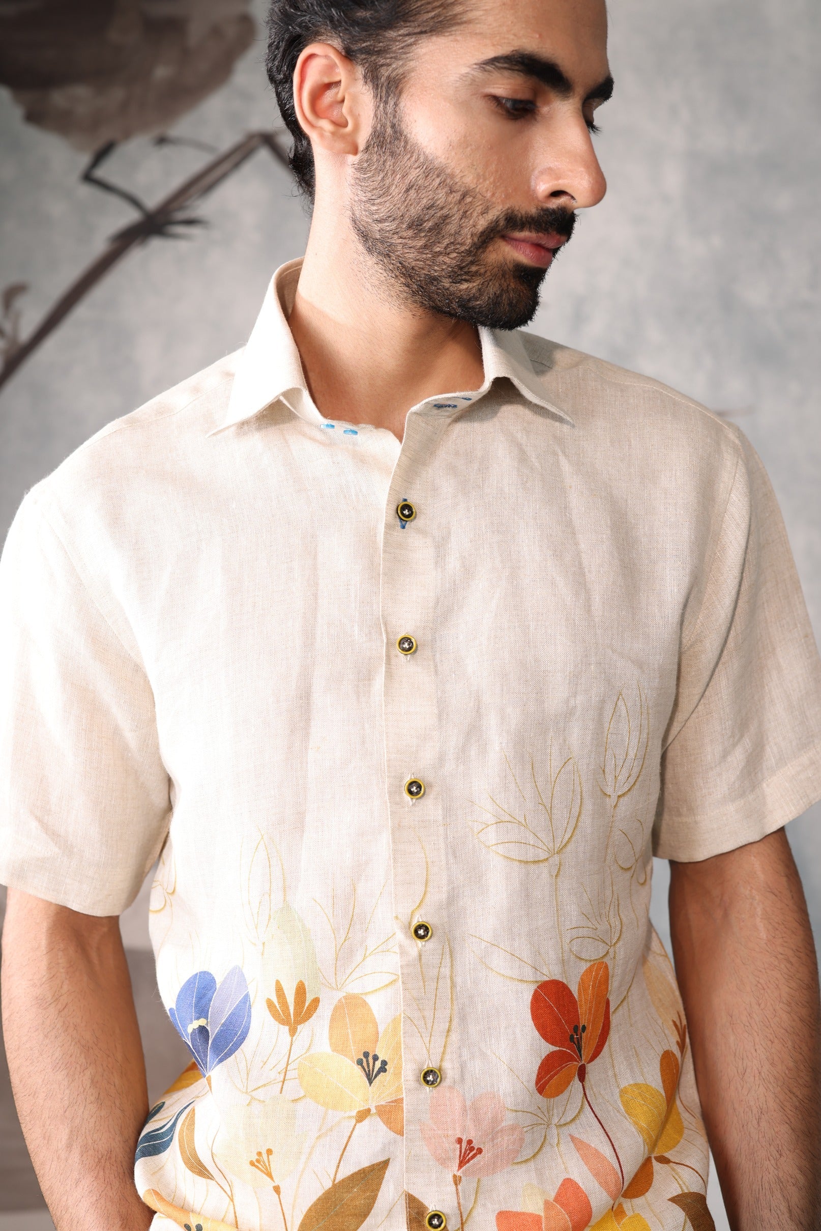 beige linen shirt - tropical garden print