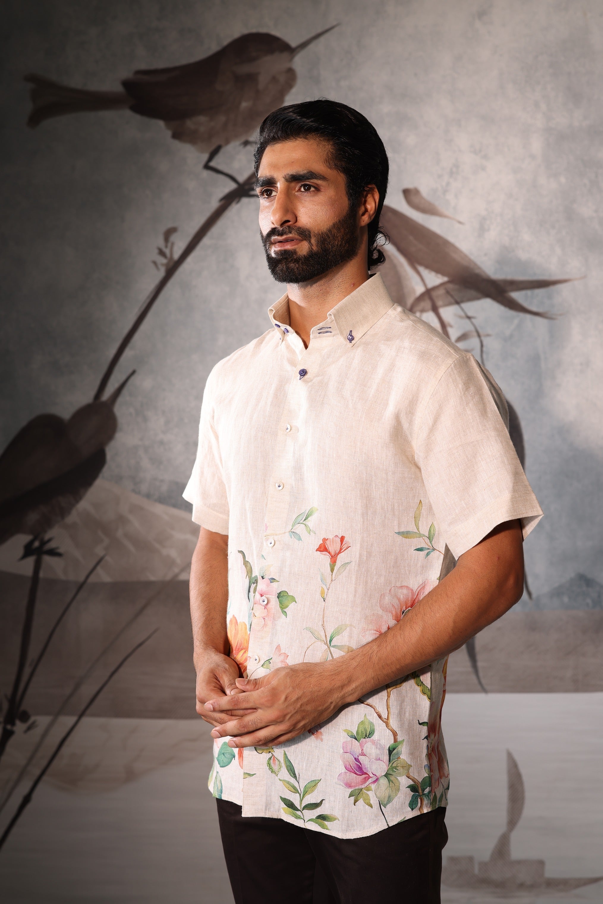 Beige linen half sleeve shirt with all-over floral detailing