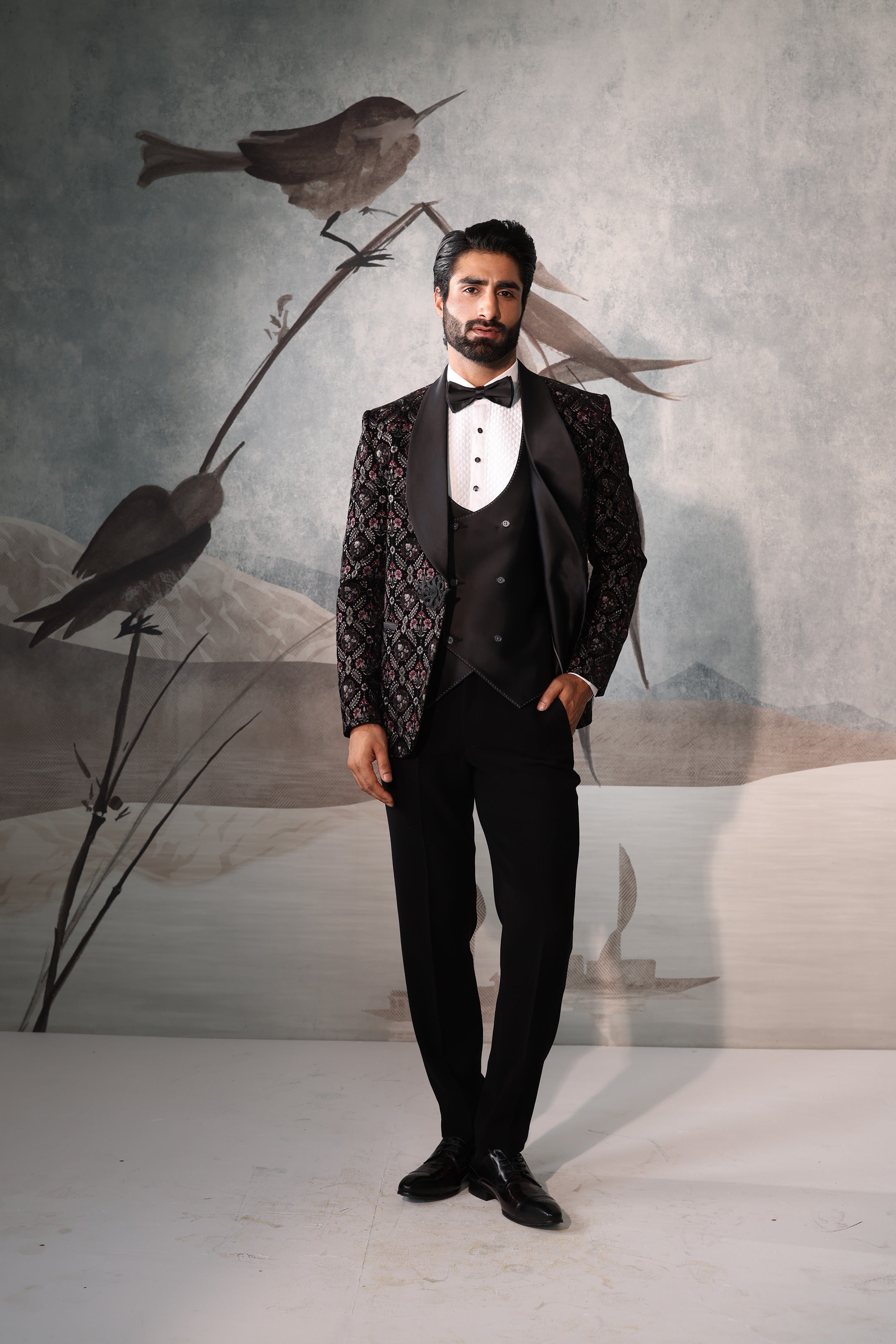 Black Men tuxedo with Floral Design