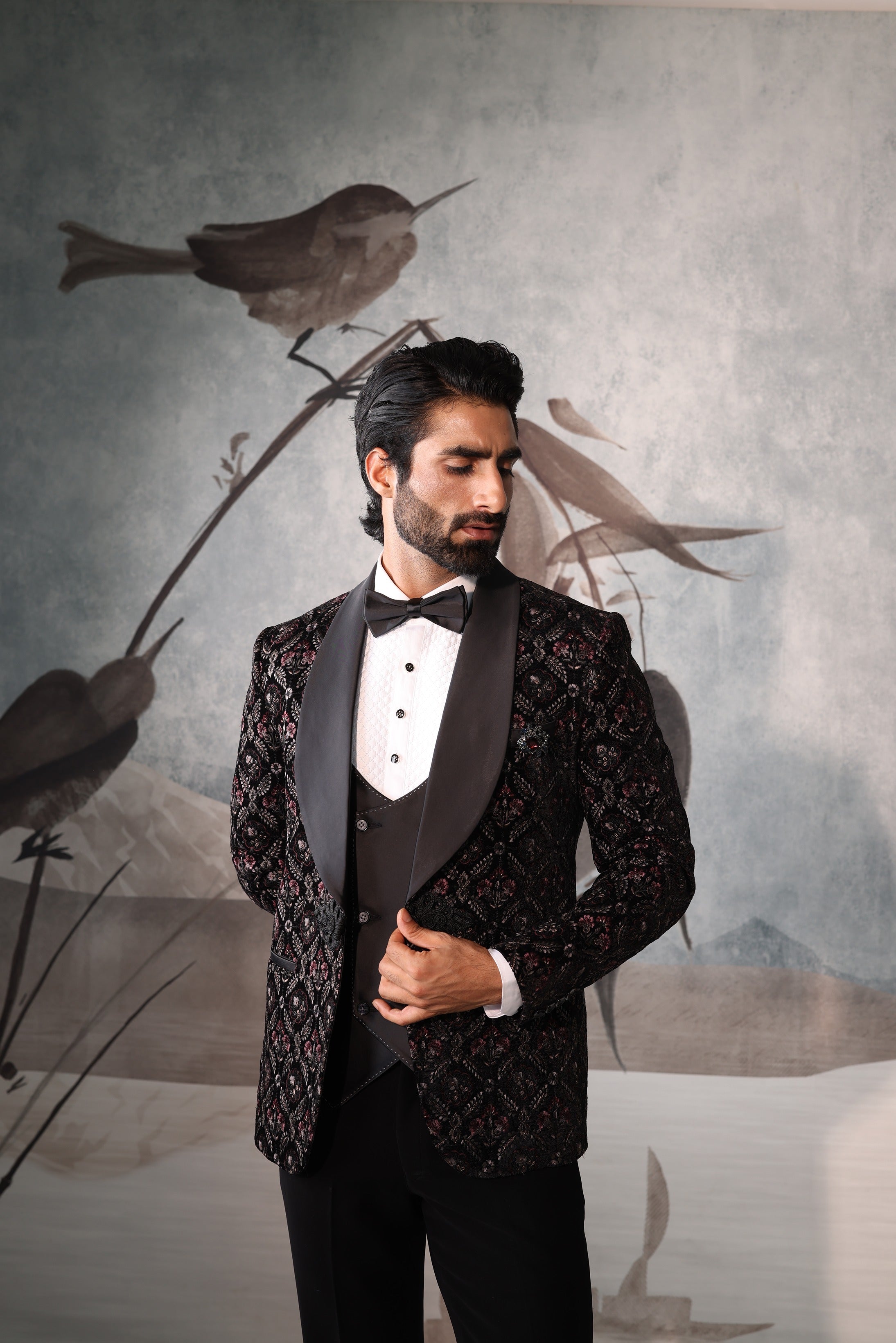 Black Men tuxedo with Floral Design