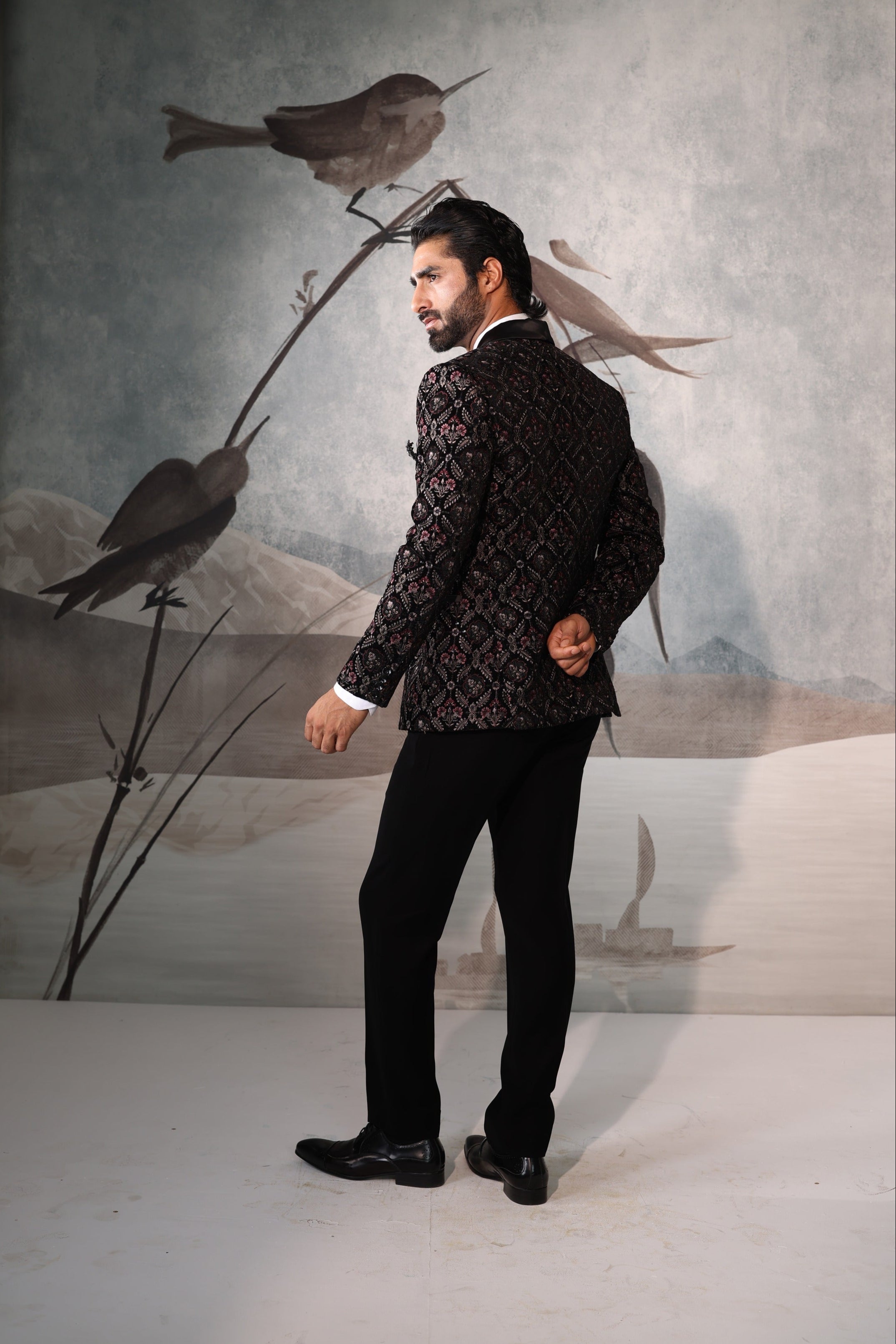 Black Men tuxedo with Floral Design