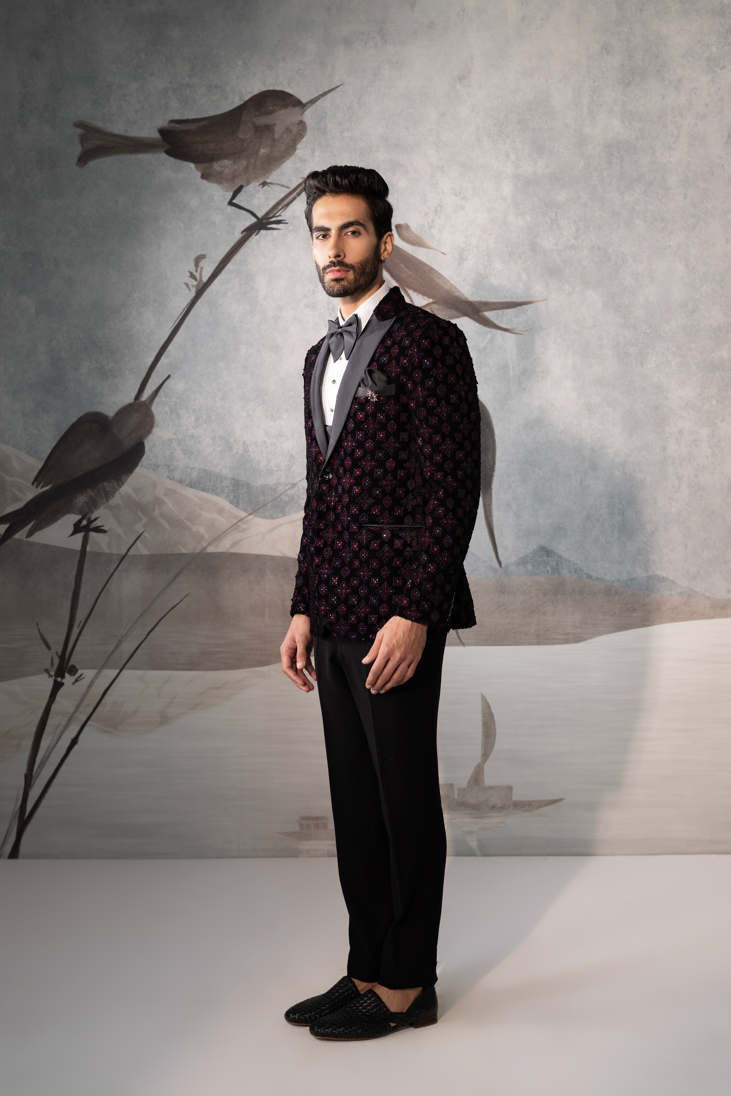 Black  mens Tuxedo with purple Applique work