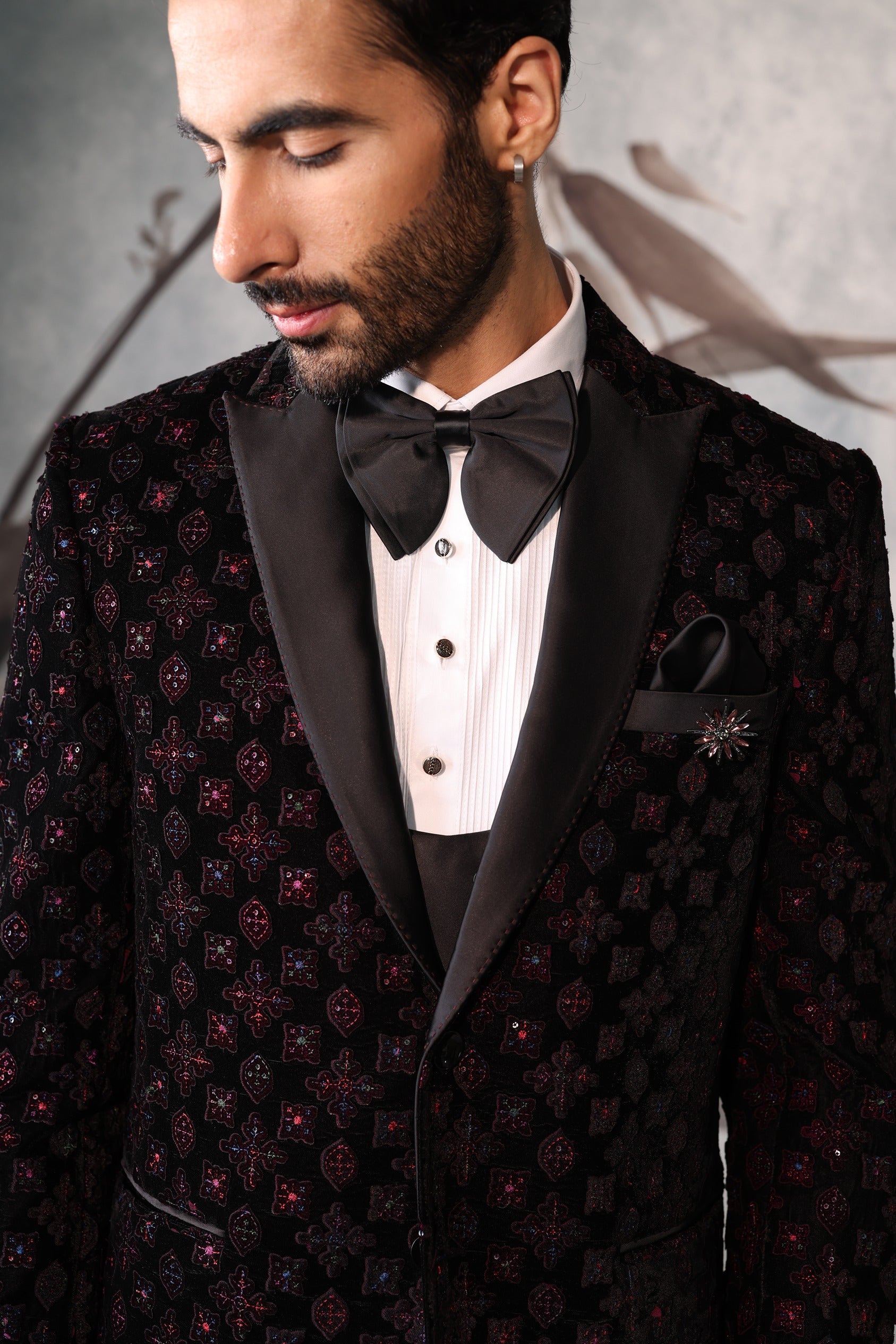 Black  mens Tuxedo with purple Applique work