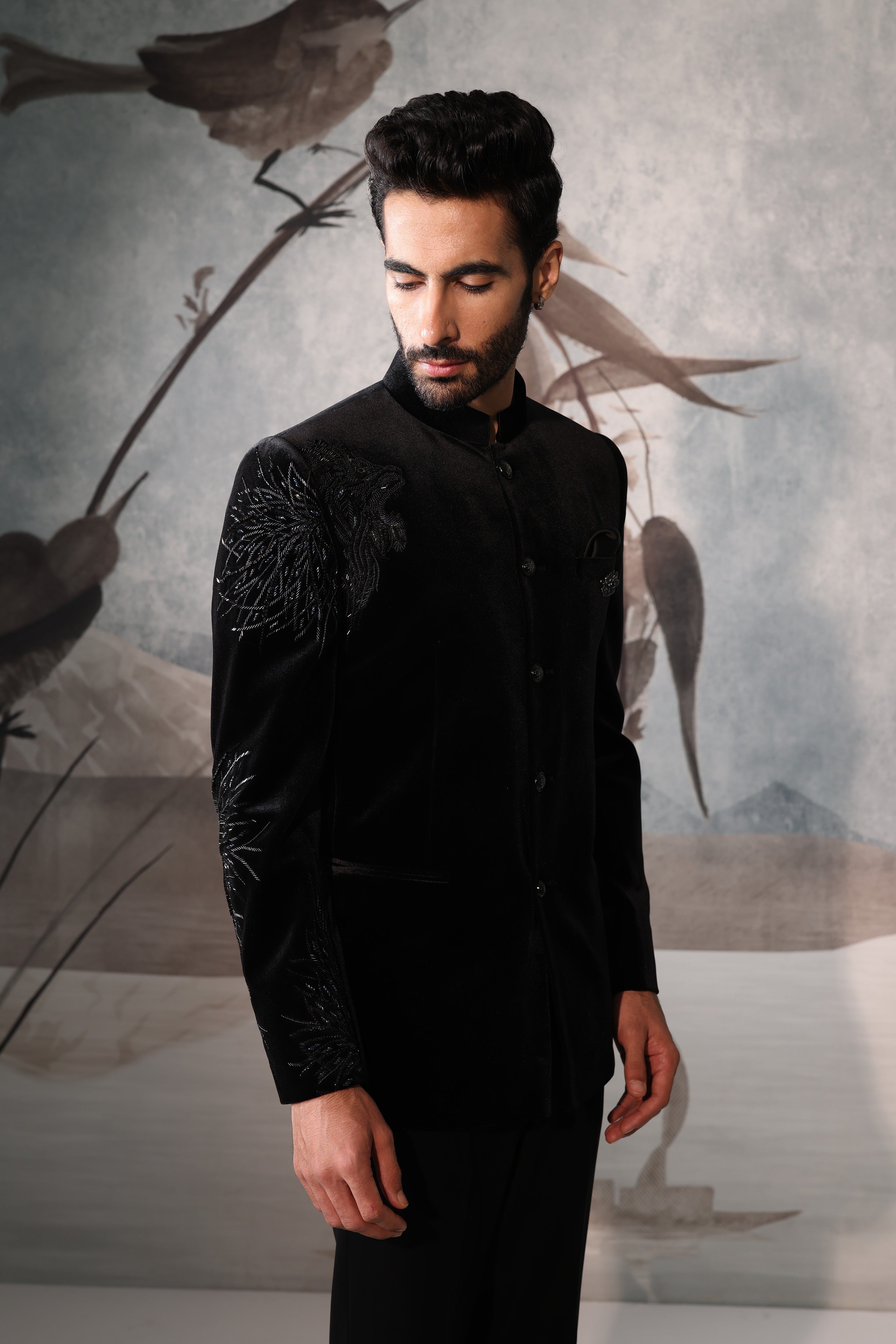 Men's Black Bandhgala With Shoulder Sequined Design