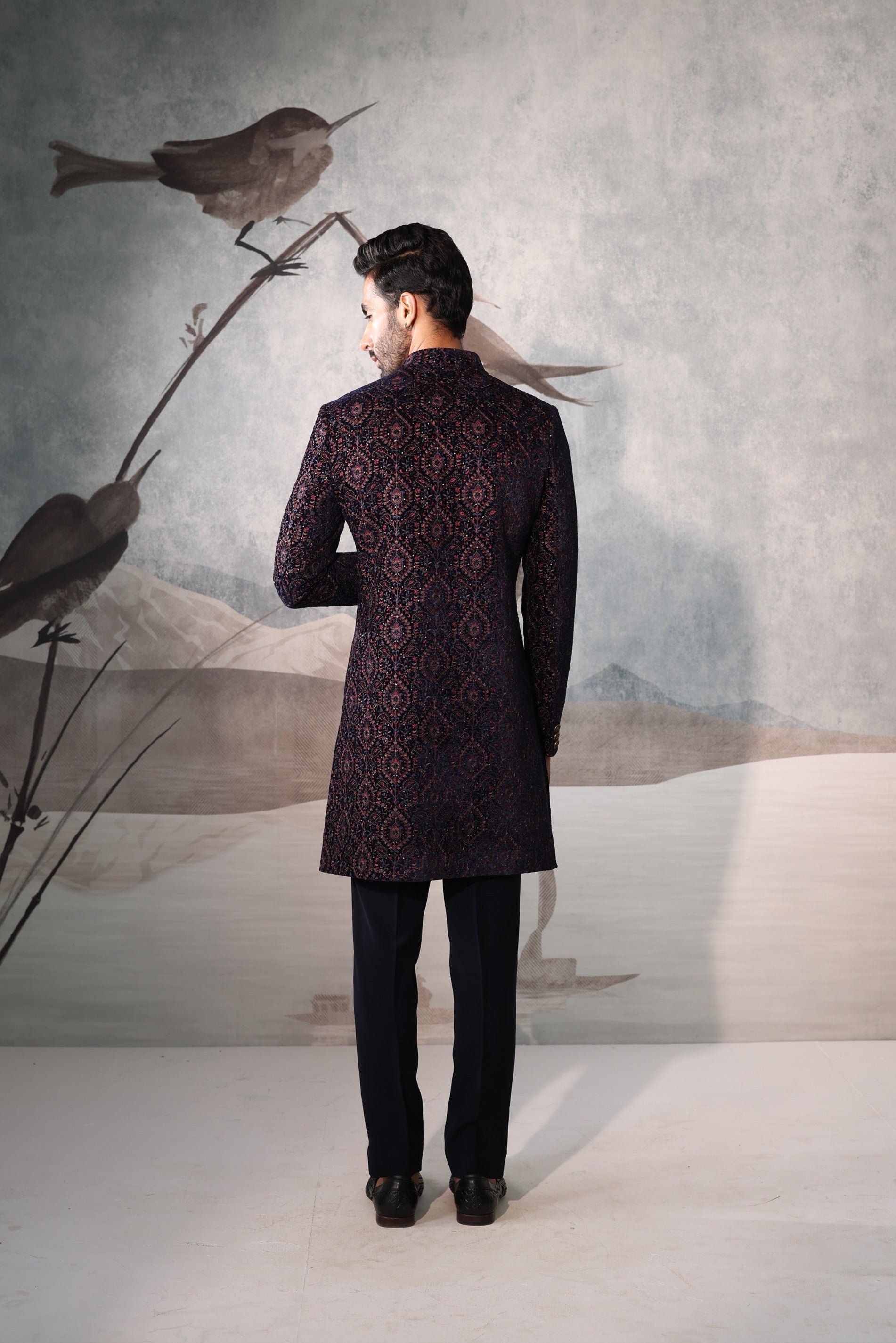 Blue multi colour thread embroidery Indo-Western