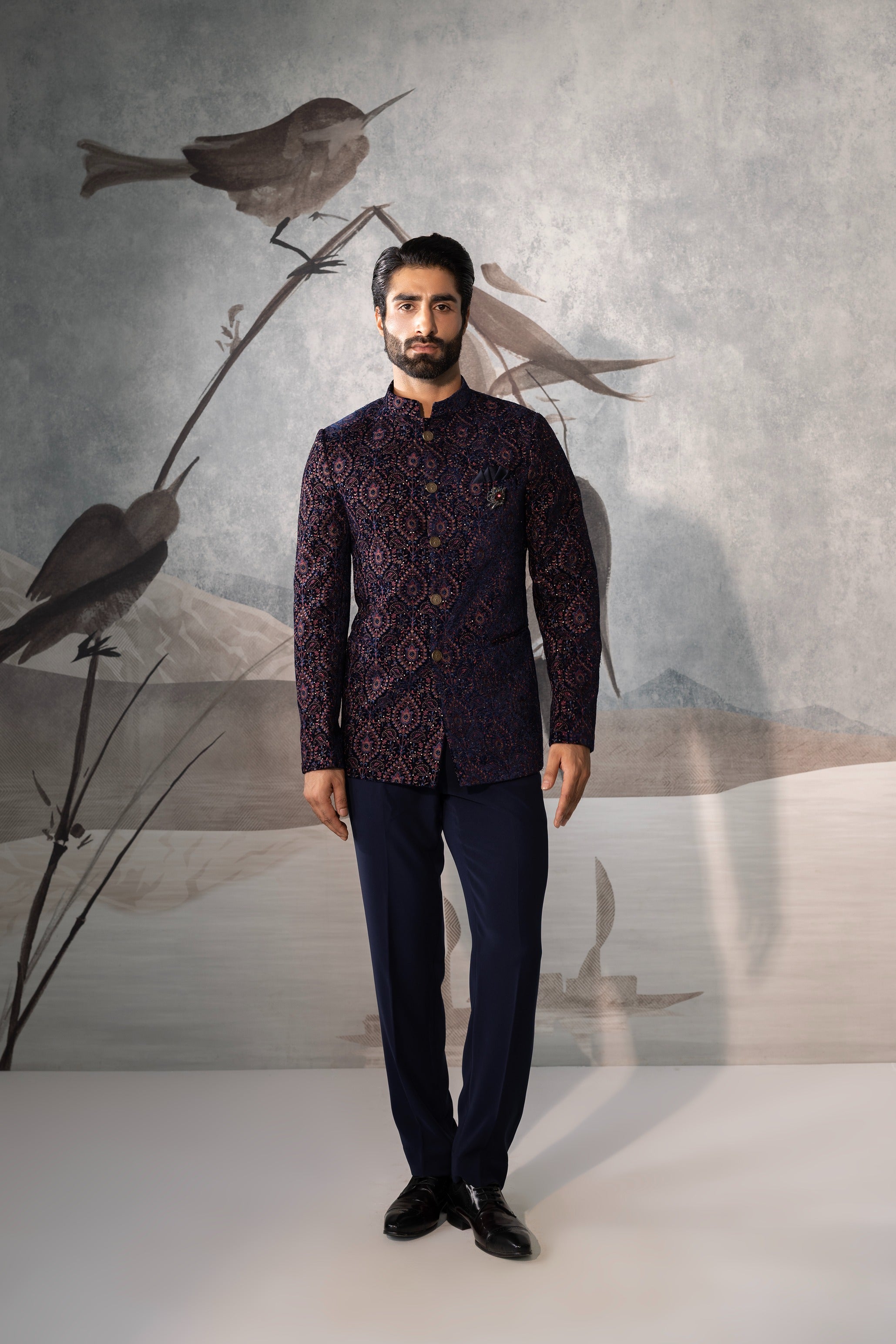 Blue BANDHGALA Printed Jacket Set