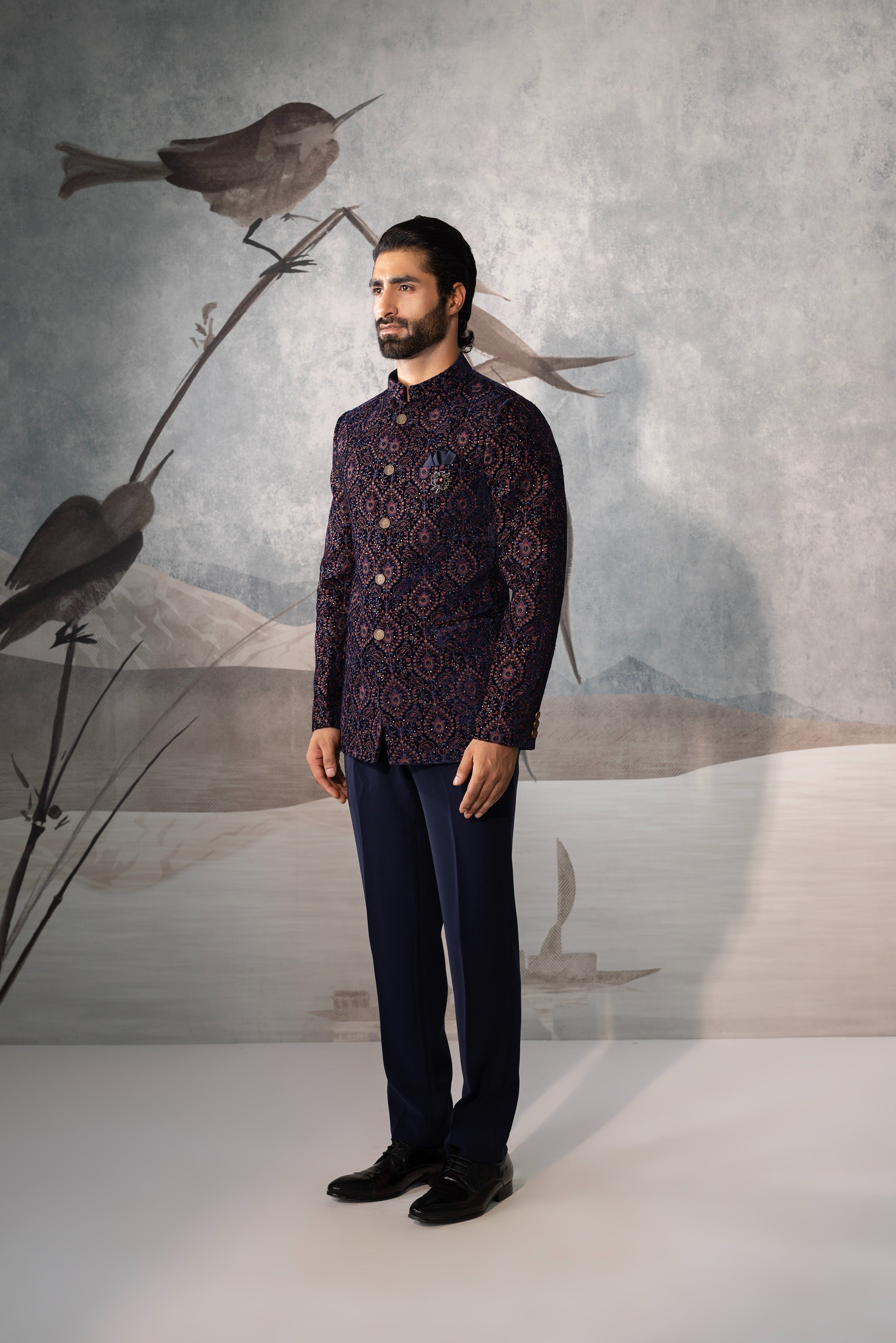 Blue BANDHGALA Printed Jacket Set