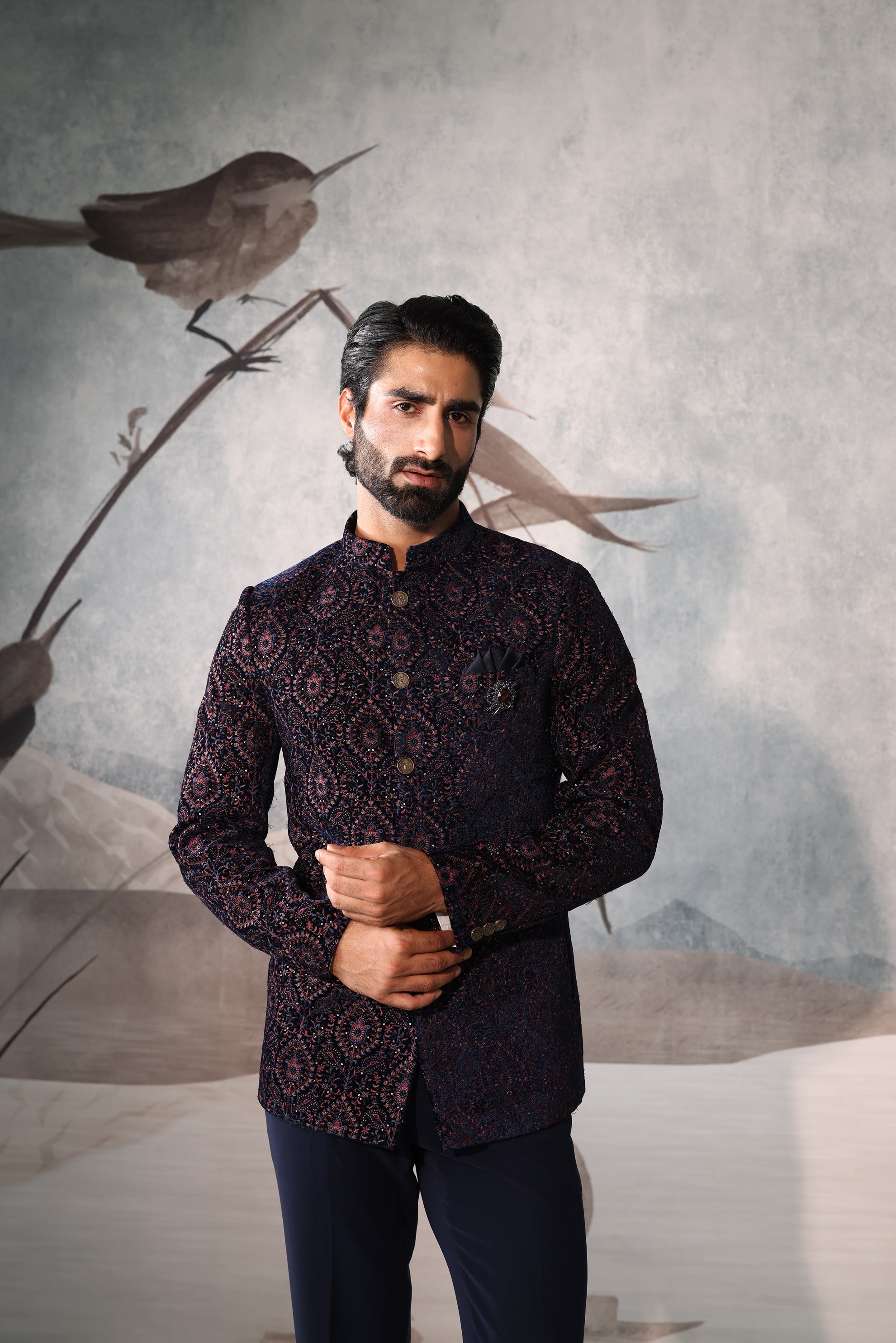 Blue BANDHGALA Printed Jacket Set