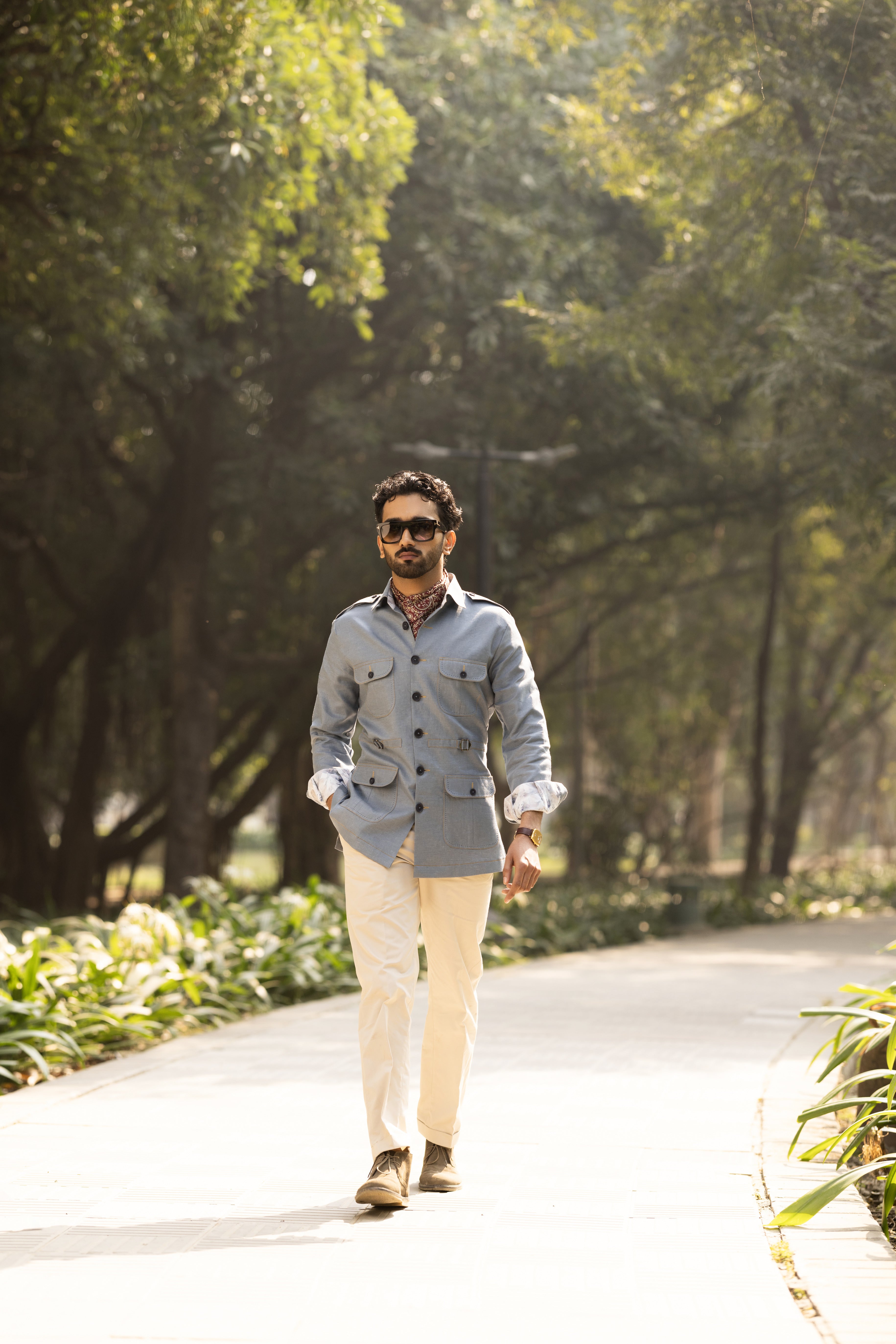 Grey Linen Belt Safari Shirt