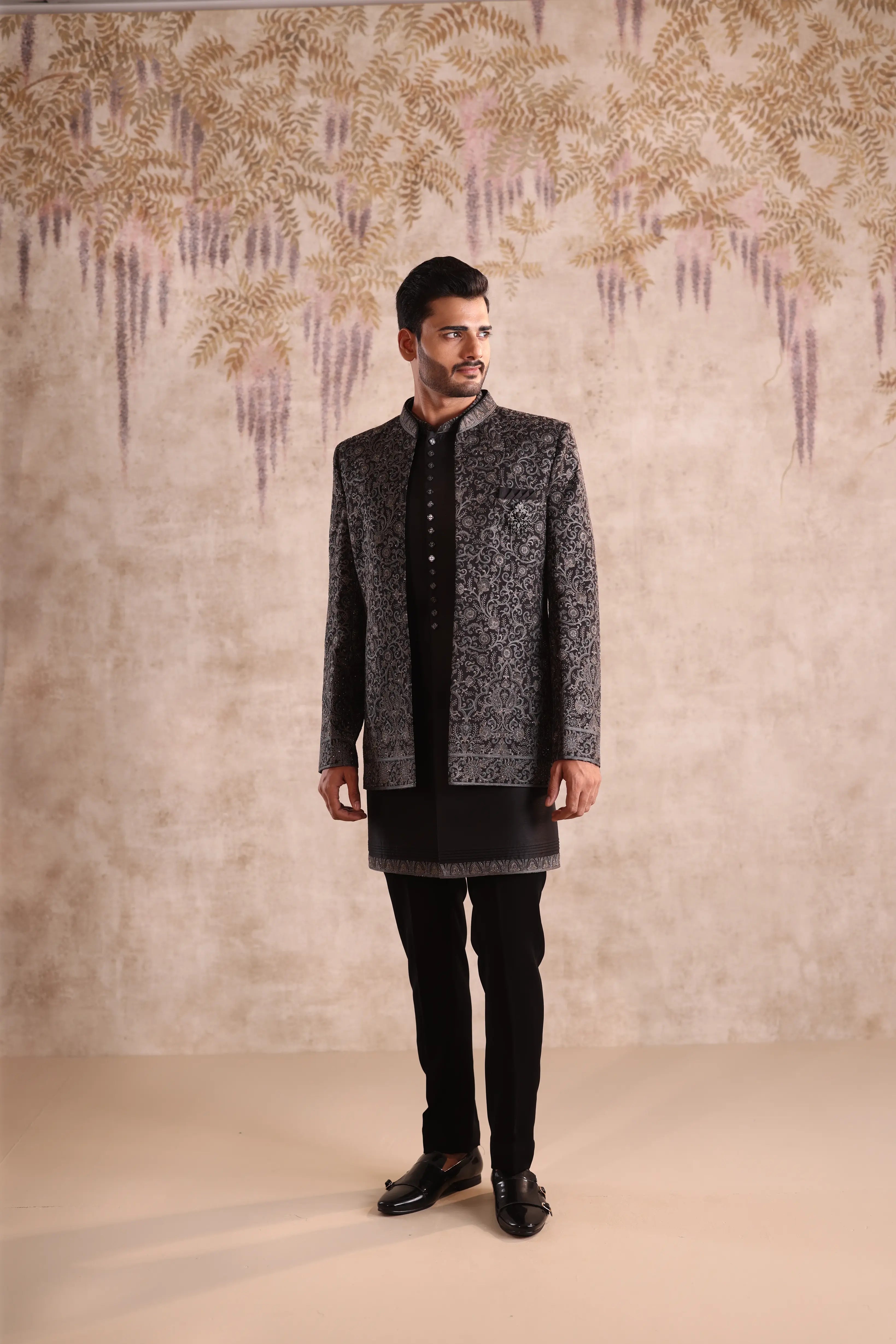 Black Jacquard Indo Western for Men
