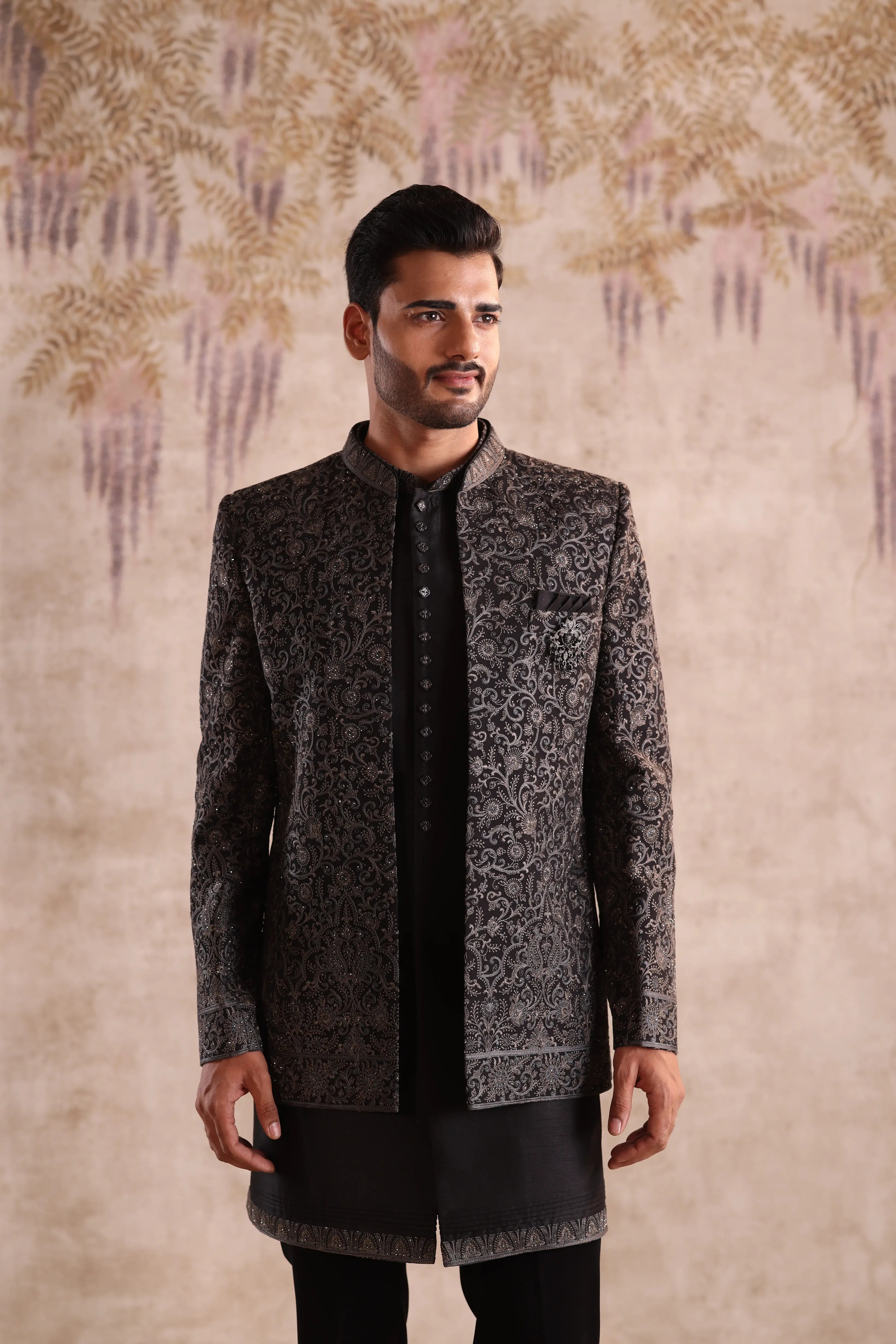 Black Jacquard Indo Western for Men