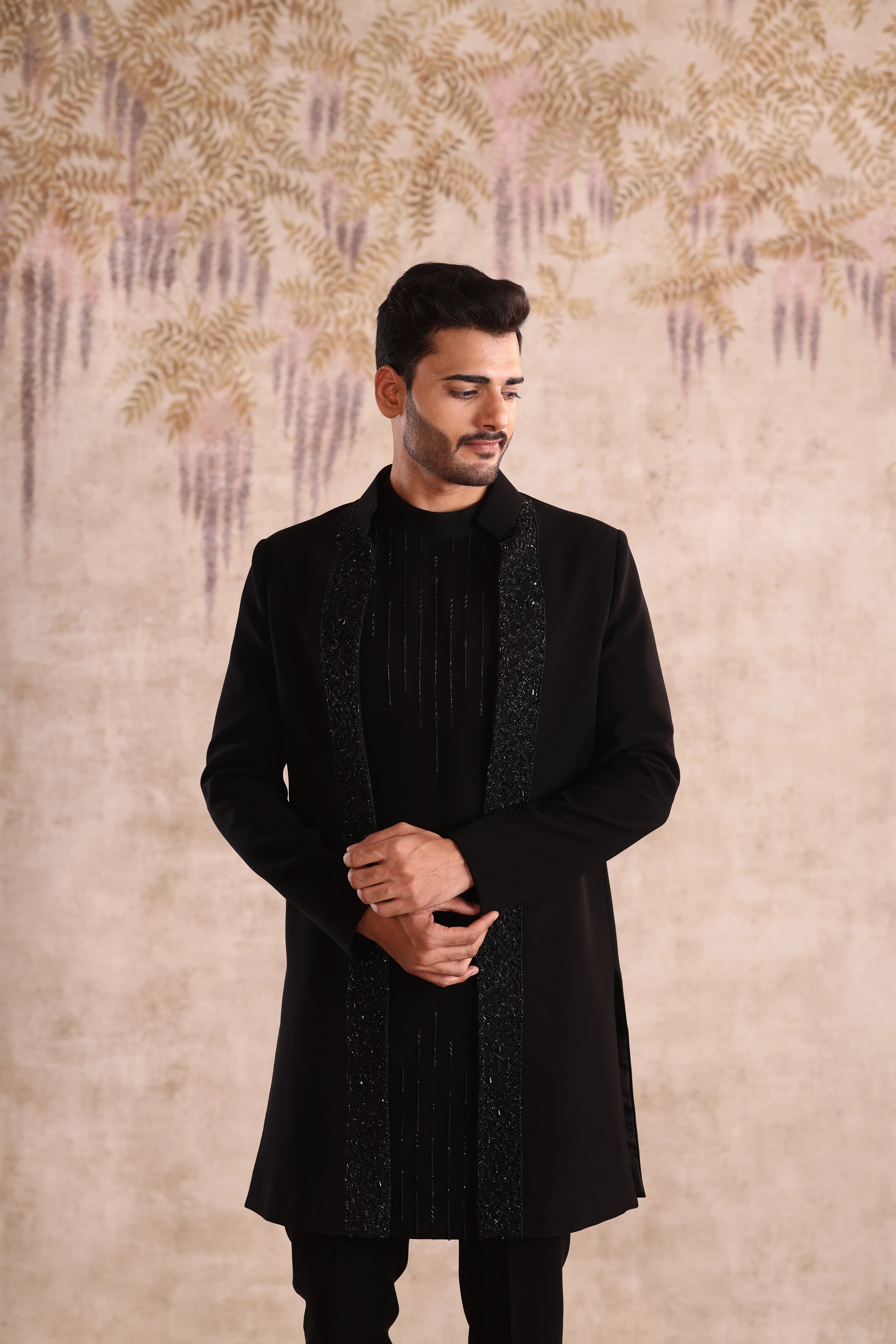 machine embroidered open jacket indo with kurta detailing with button