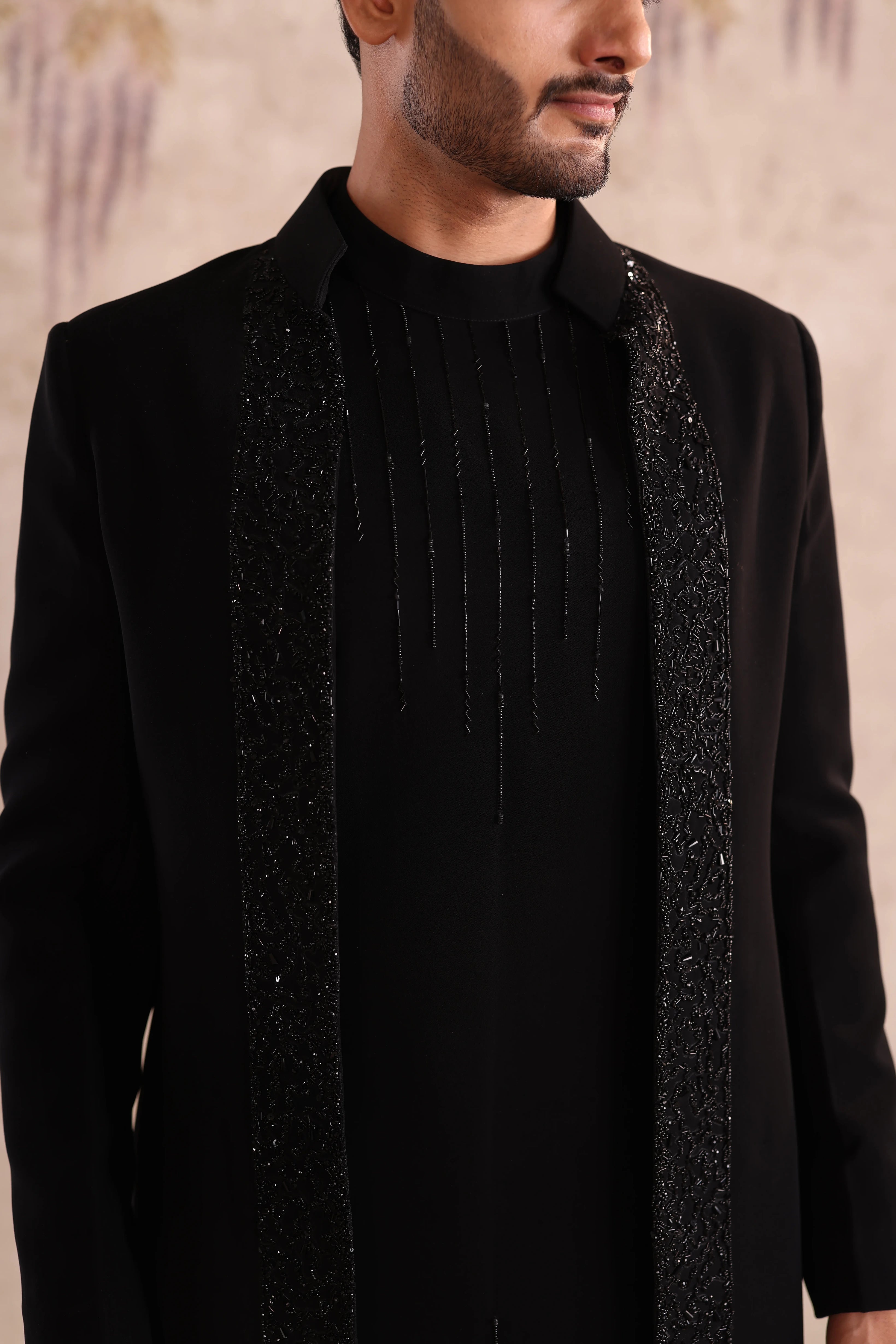 machine embroidered open jacket indo with kurta detailing with button