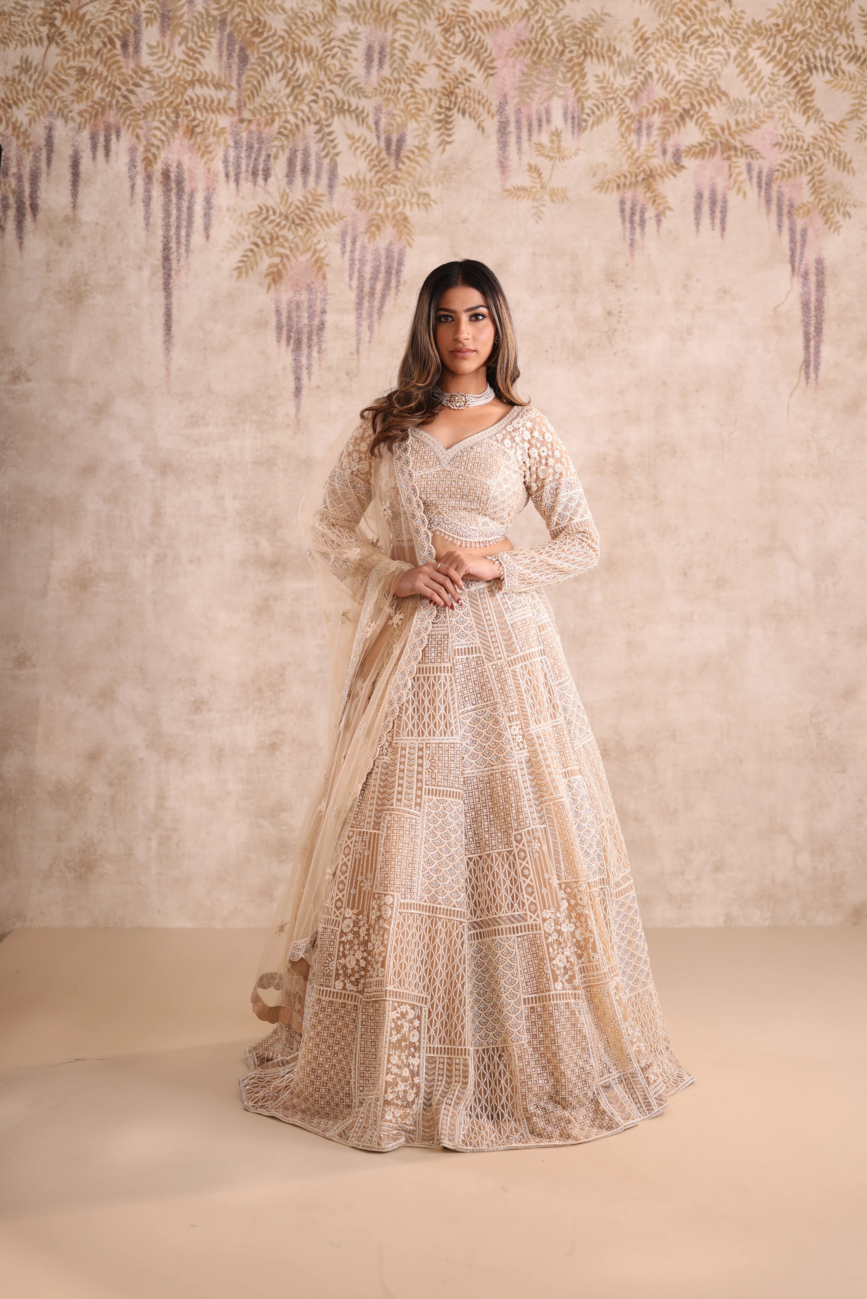Cream Embroidered party wear Lehenga