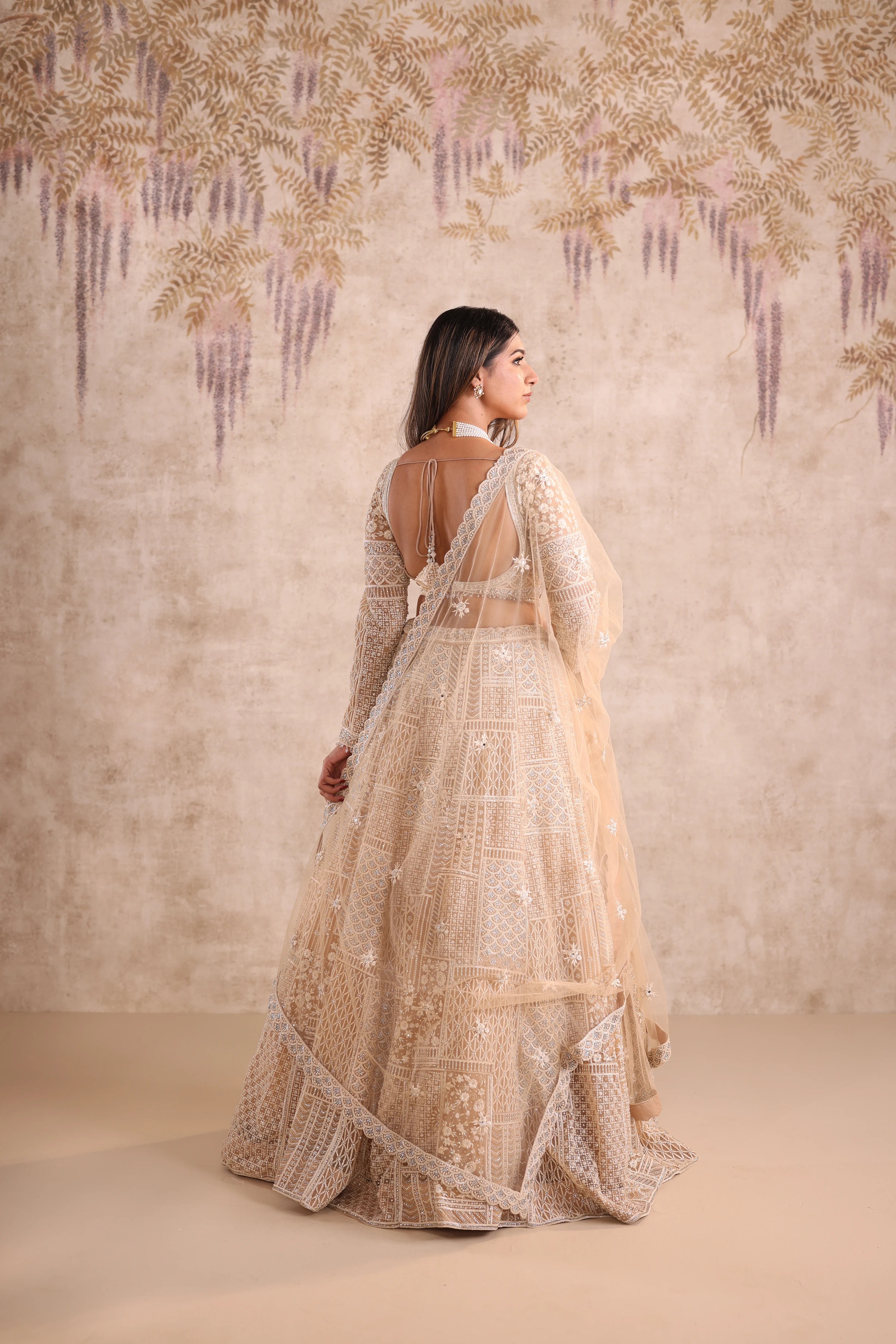 Cream Embroidered party wear Lehenga